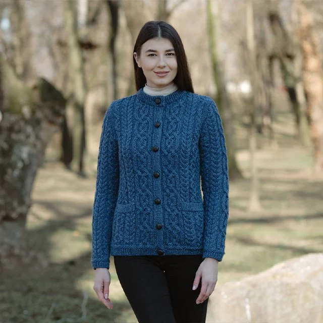 Ladies Aran Button Cardigan - Front 1 -Marl Blue -ML115-106.jpg