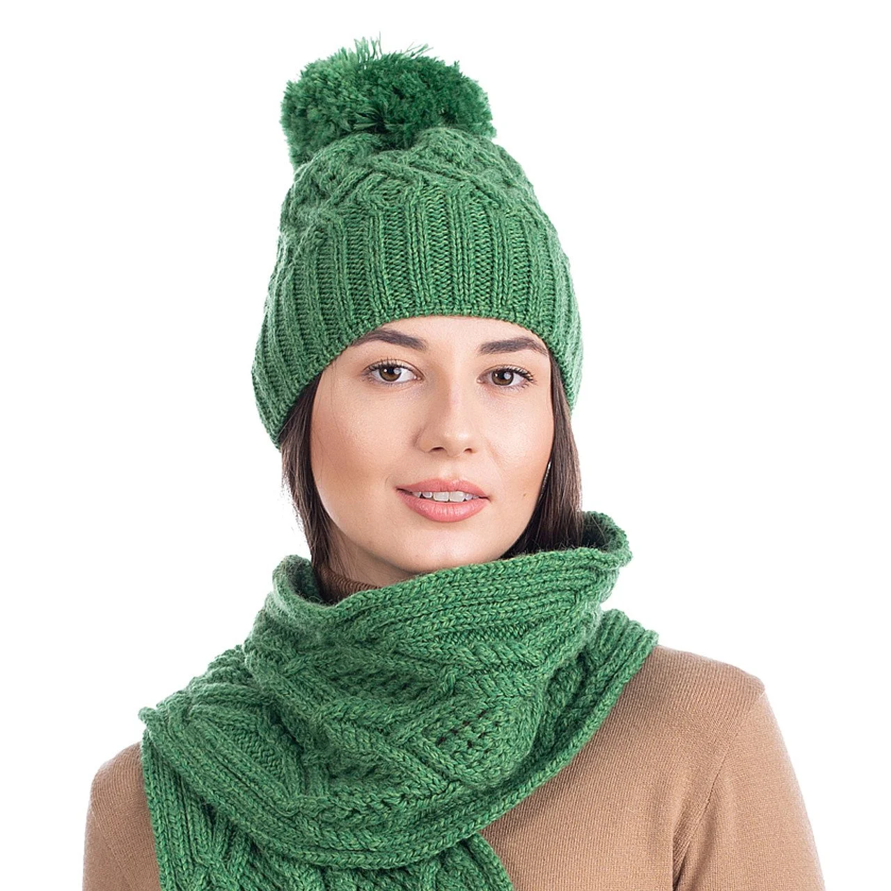 Aran Wool Bobble Hat -Front- Green-ML254.jpg