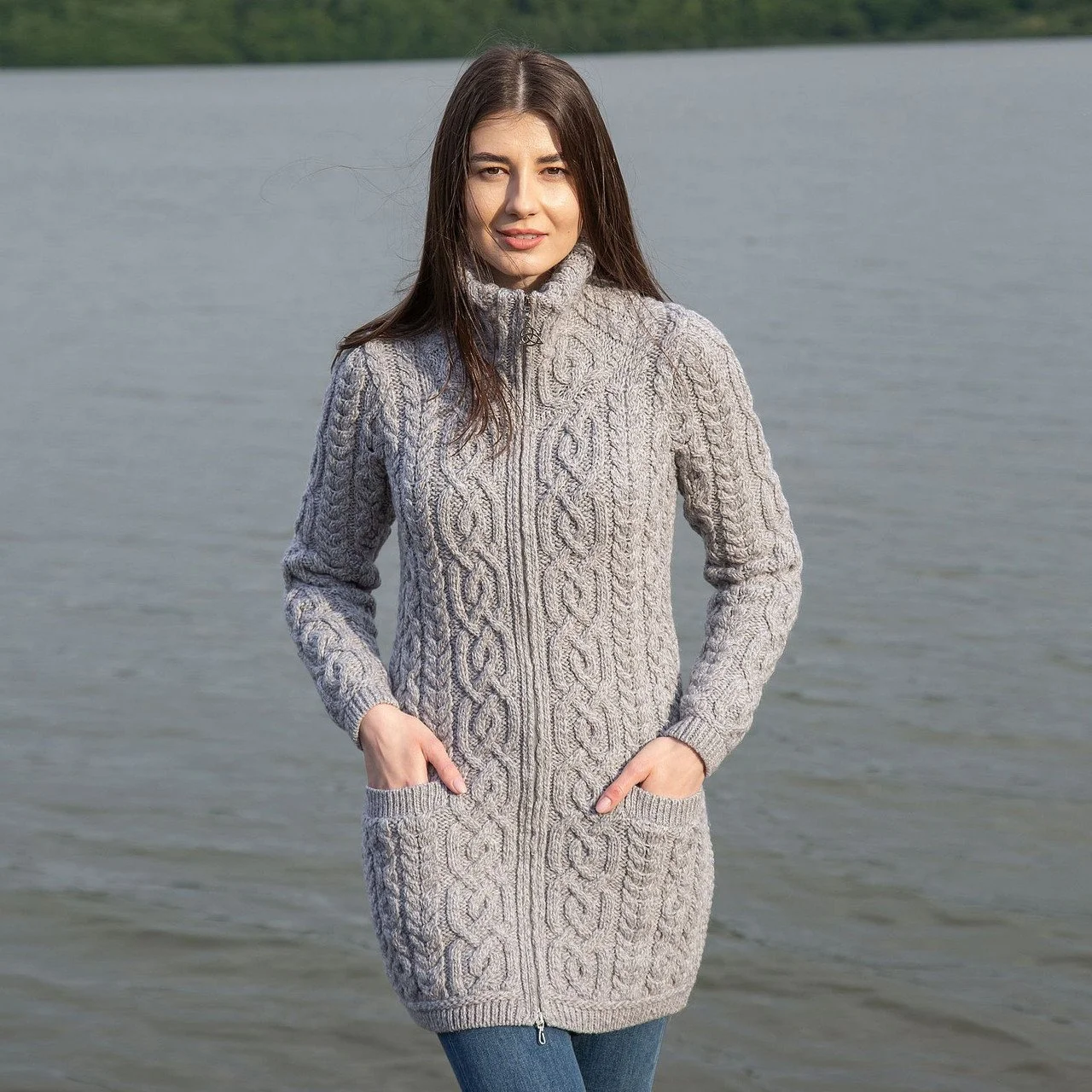 Soft Touch Ladies Aran Zip Cardigan-Grey-ML114.jpg