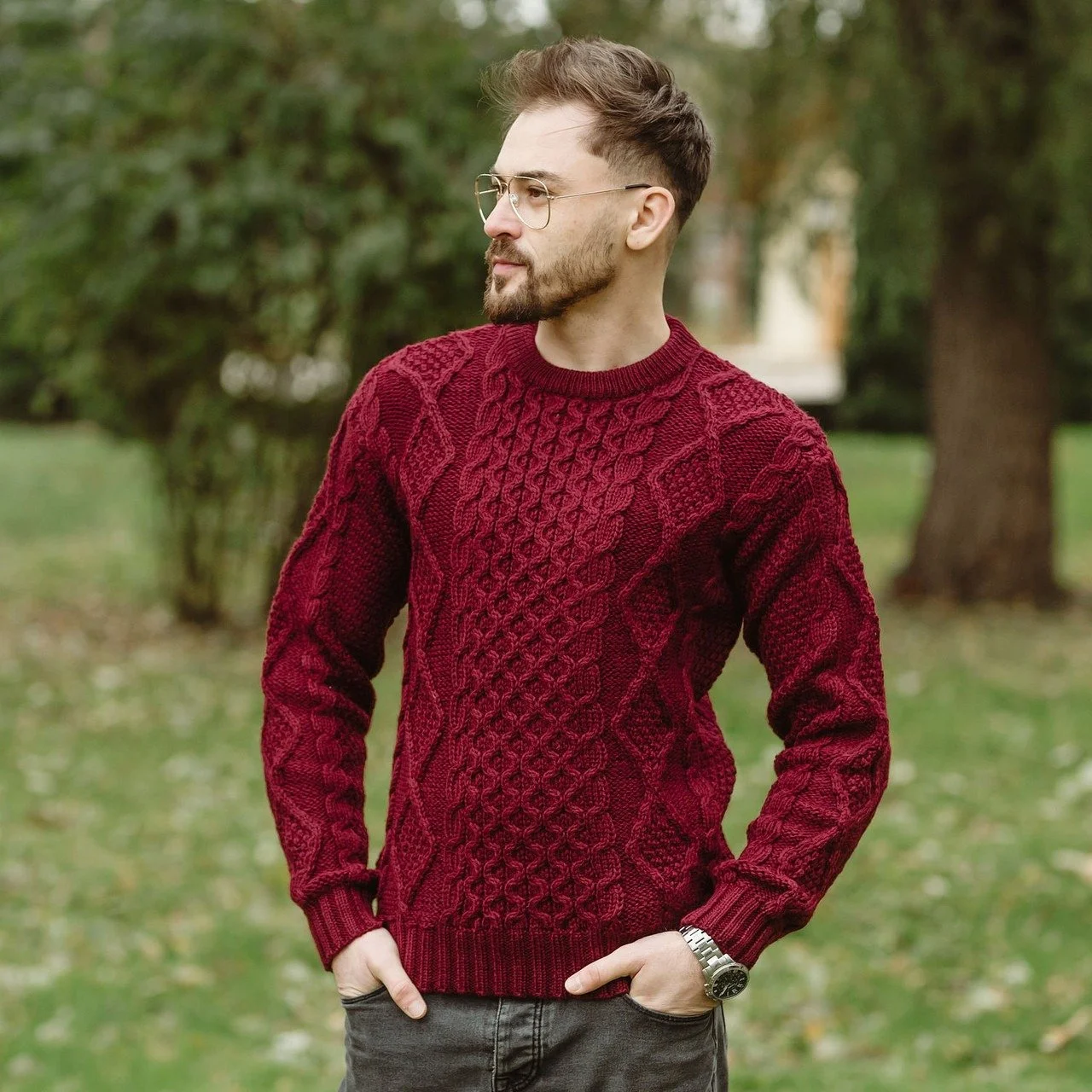 Aran Fisherman Men's Cable Sweater-2-Wine-FM178.jpg