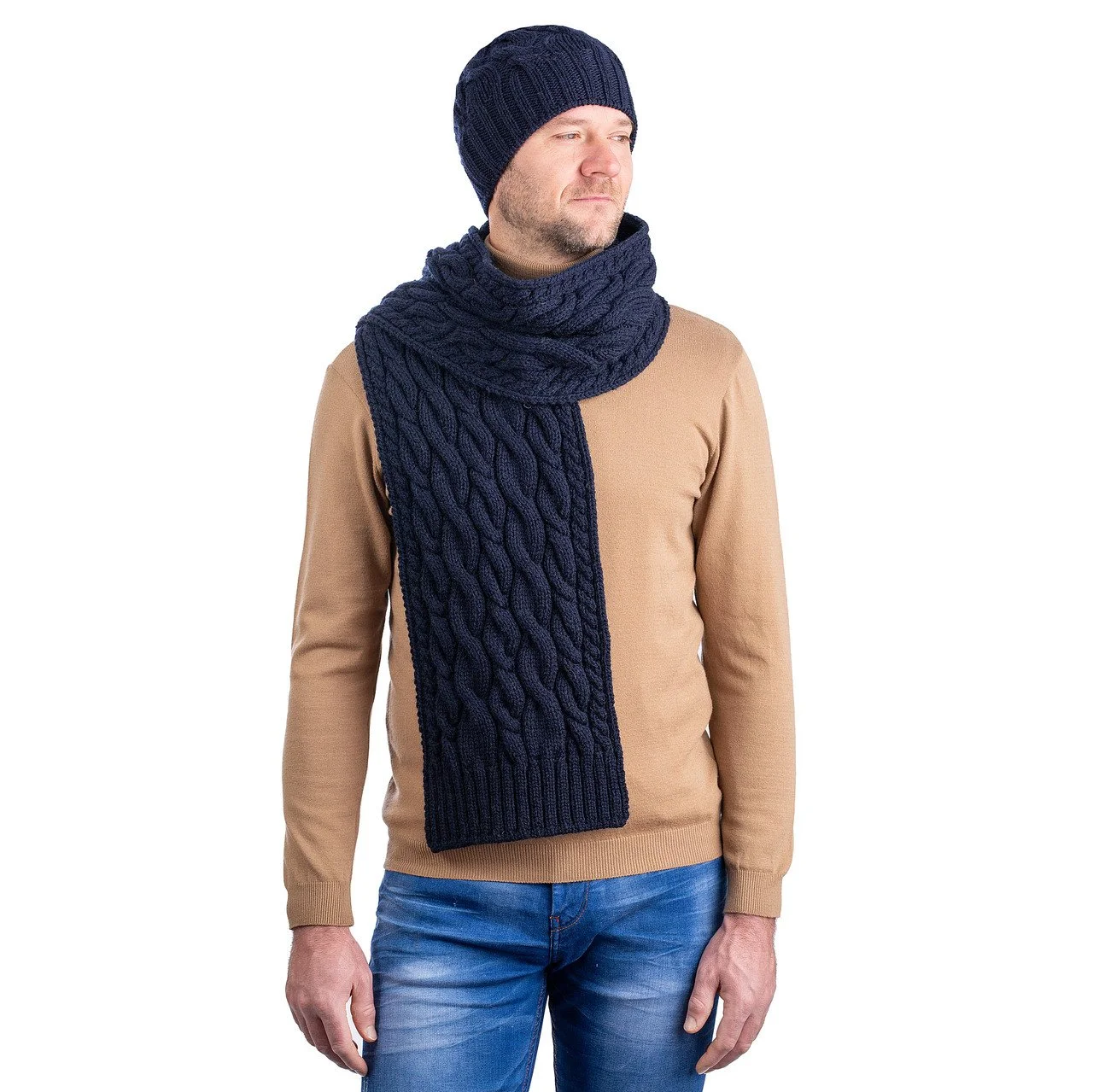 Wool Cable Knit Scarf -Front- Navy -MM257-104.jpg