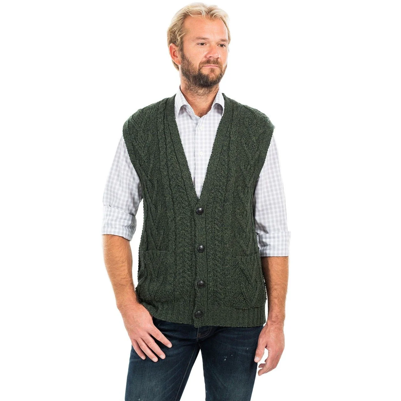 Mens Aran Sleeveless Cardigan-Army Green-MM207.jpg