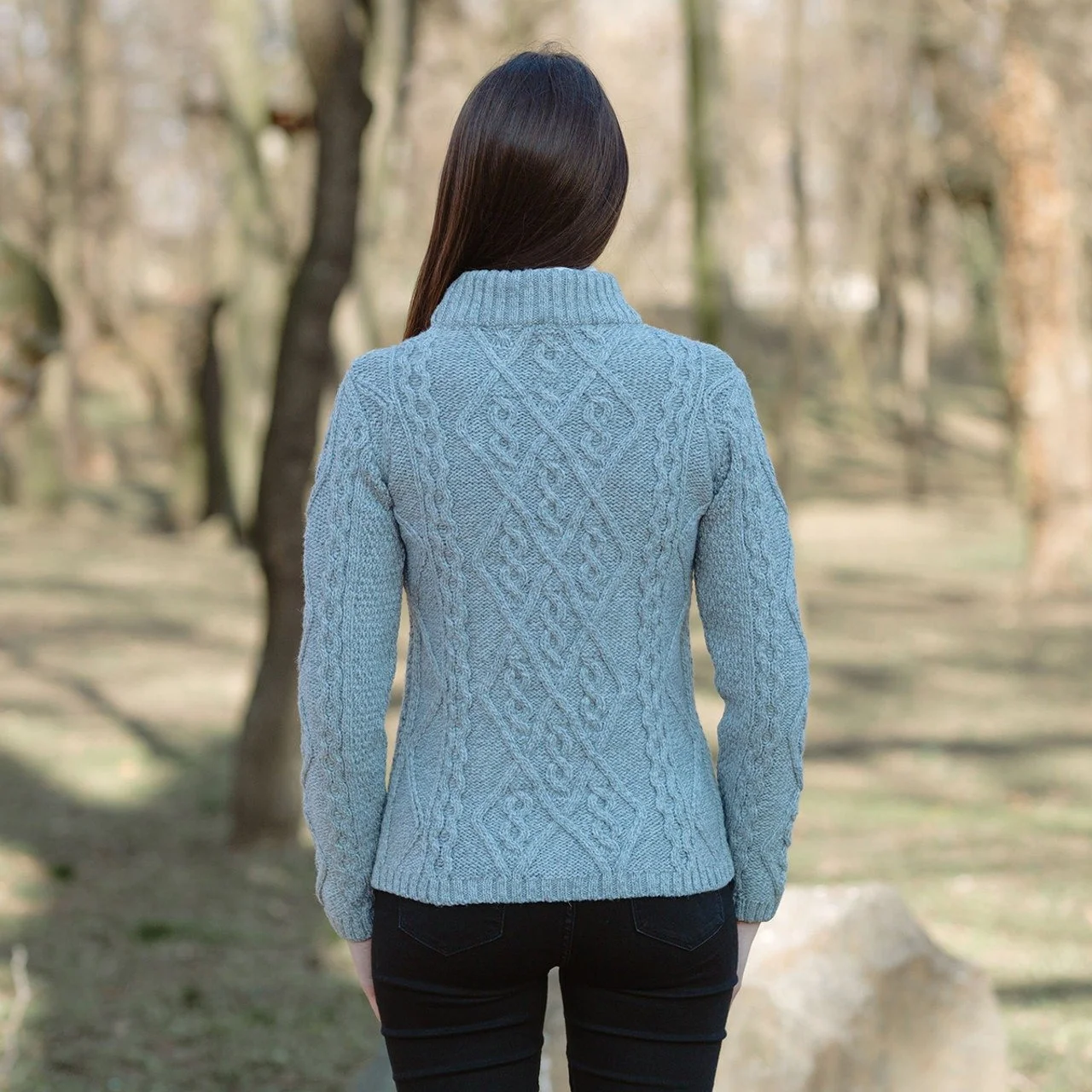 Ladies Aran Cable Knit Sweater- Back - Grey- ML905.jpg