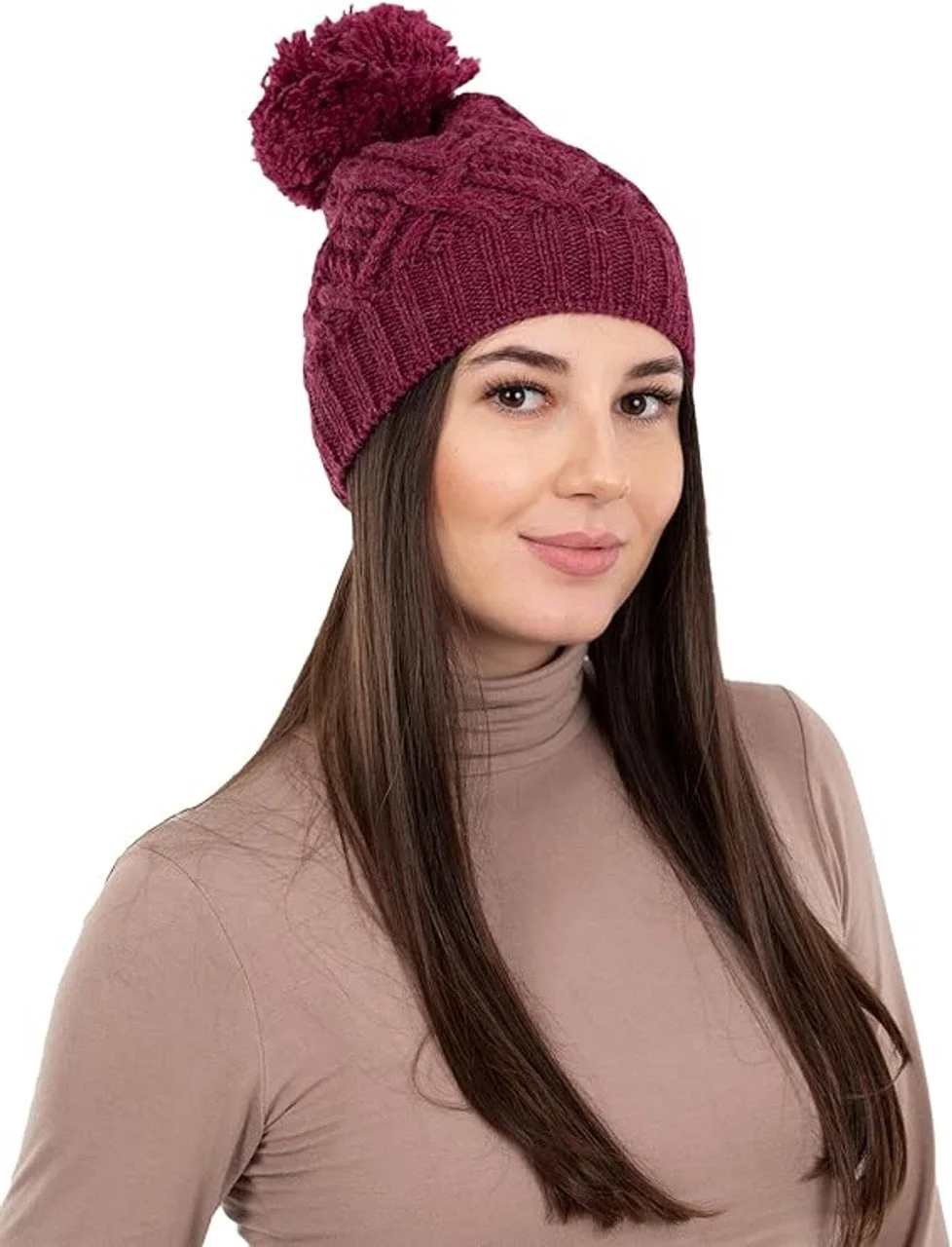 Traditional Irish Aran Knit Wool Hat with Pom Pom