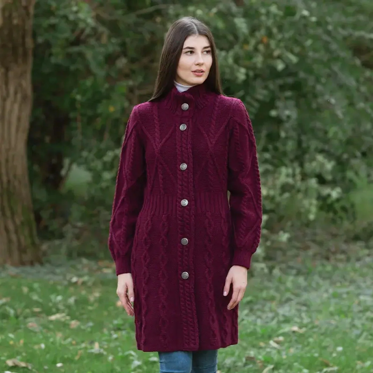 Aran Cable Signature Coat - Front - Wine - ML126-108.jpg