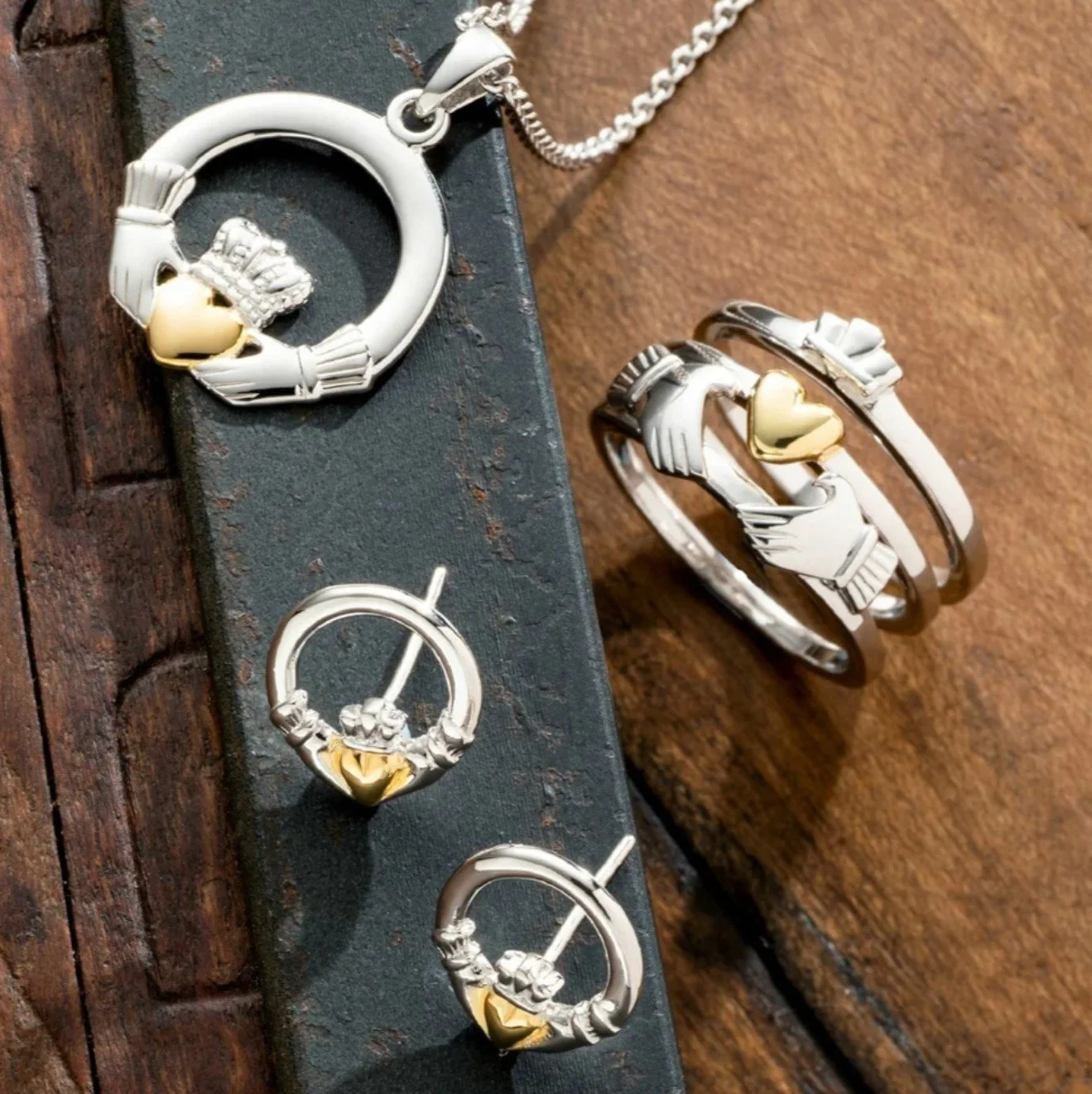 G7340-Galway Crystal Jewellery Three Part Claddagh Sterling Silver & Gold Ring 2.jpg