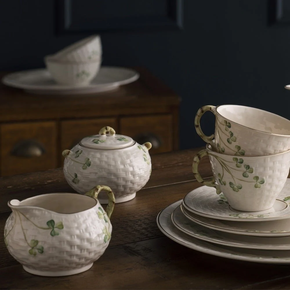 Belleek Classic 1880 - Gold Shamrock Sugar Pot and Lid-Front--92019.jpg