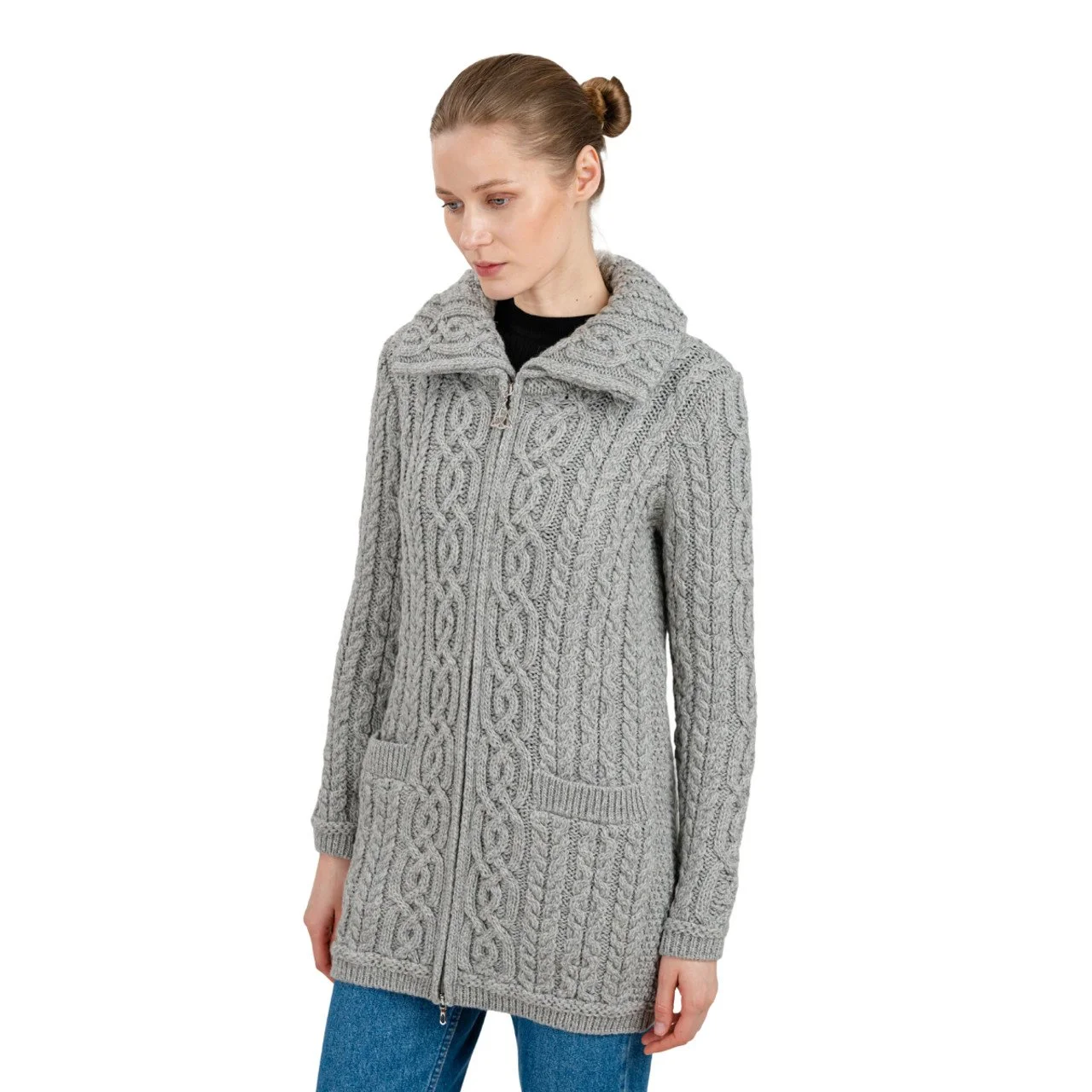 Soft Touch Ladies Aran Zip Cardigan--Grey--ML114.jpg