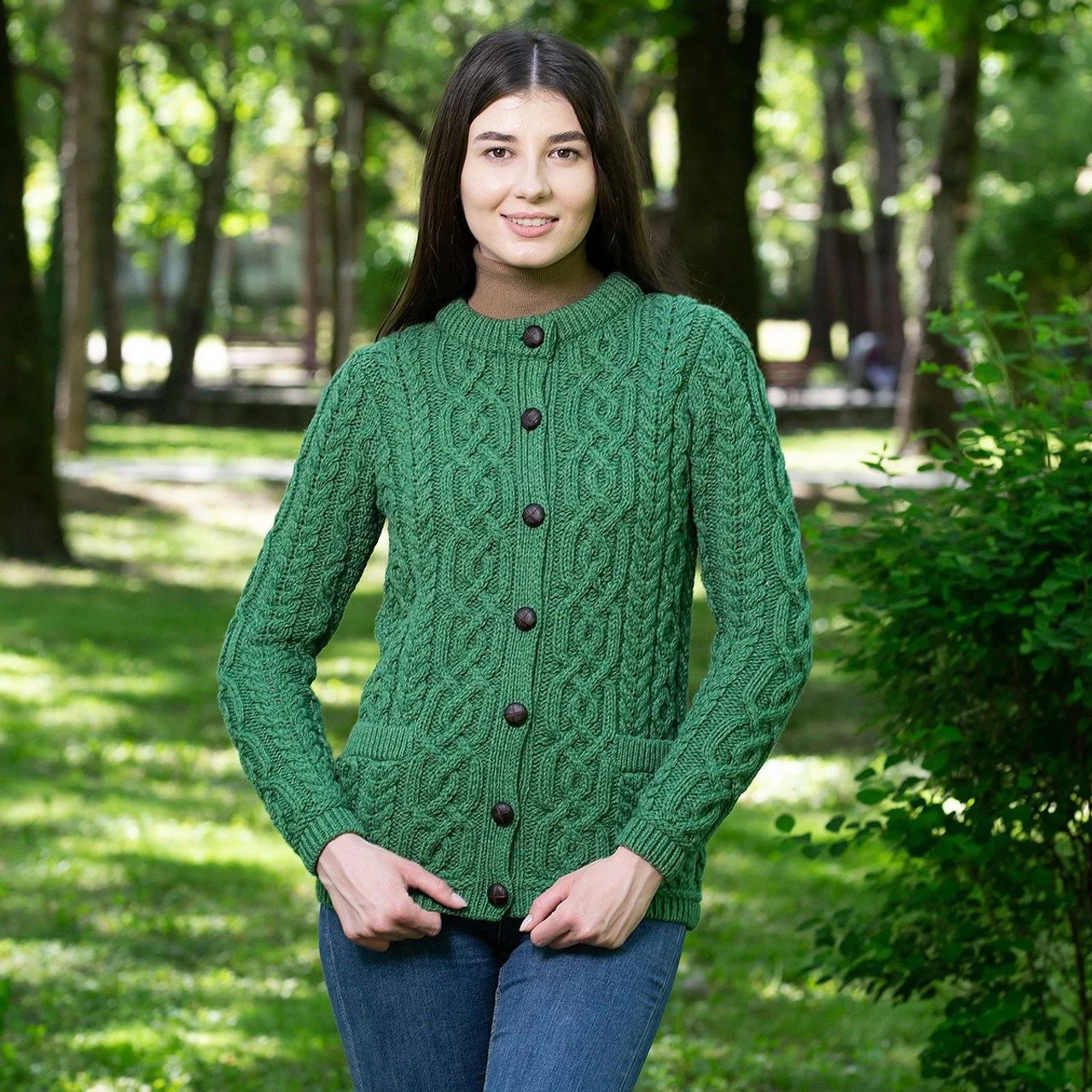 Ladies Aran Button Cardigan - Front 2 - Green - ML115-105.jpg