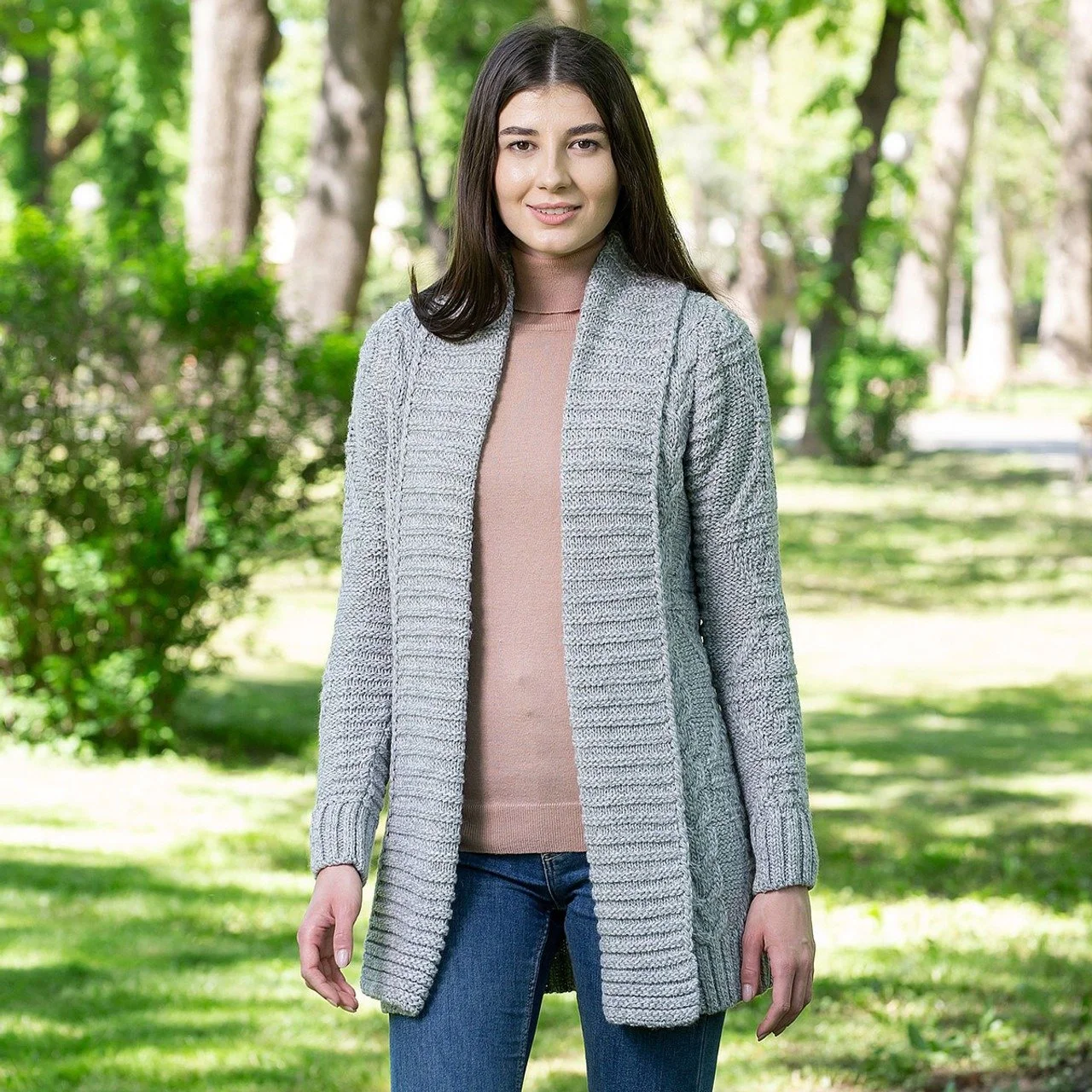 Open Front Cable Knit Cardigan - Front 2 - Grey - AWL121-303.jpg