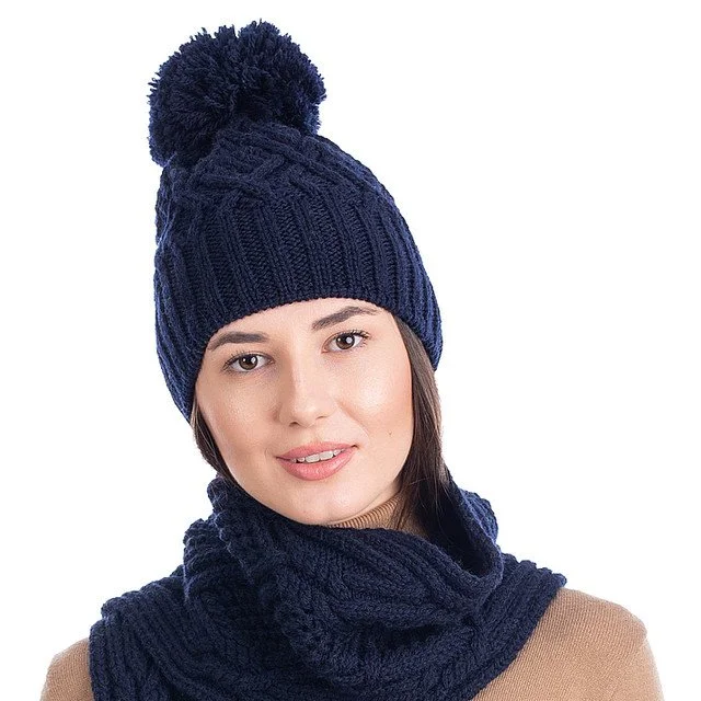 Aran Wool Bobble Hat -Front- Navy-ML254.jpg