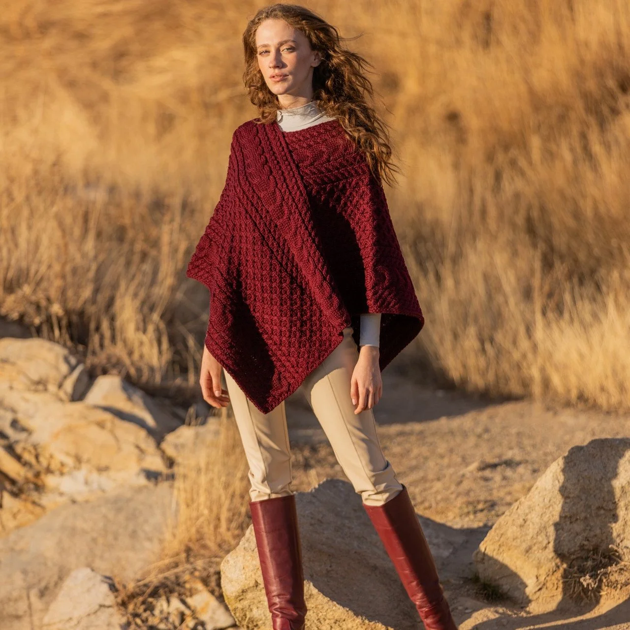 Ladies Irish Aran Cable Knit Poncho