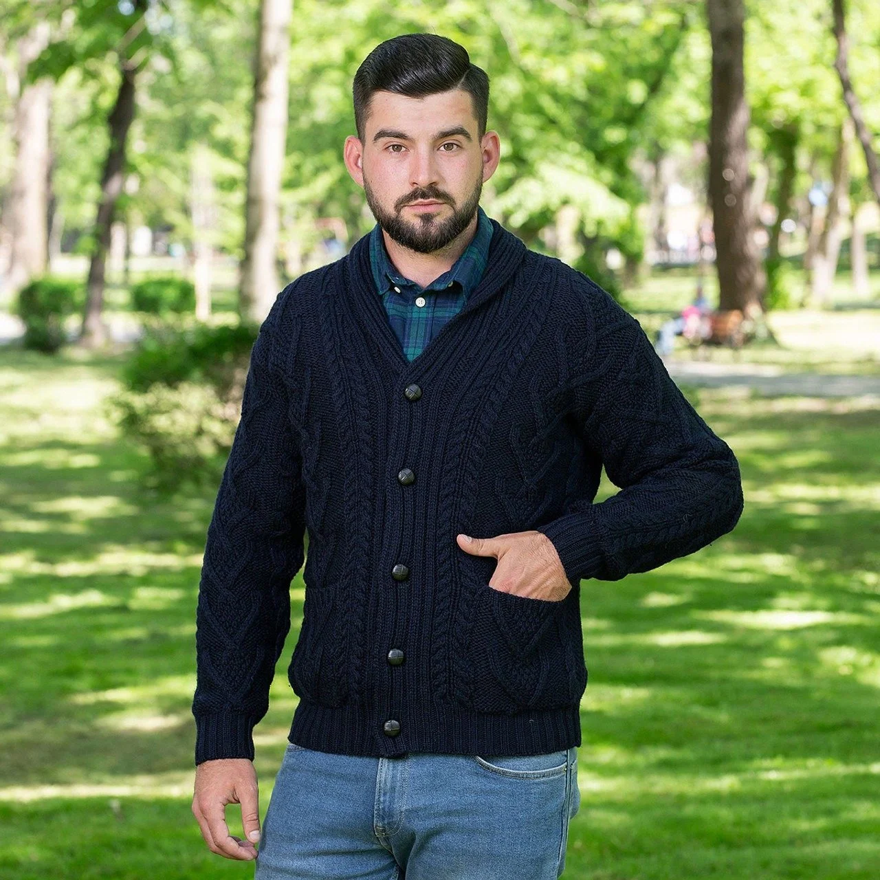 Mens Aran Cable Shawl-Collar Cardigan-Navy-MM200.jpg