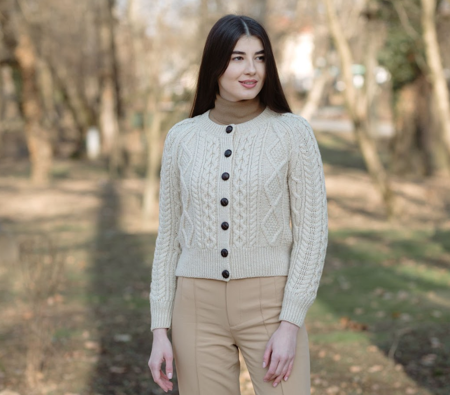 Ladies Cable Cardigan-Front- Parsnip-ML152 109.png