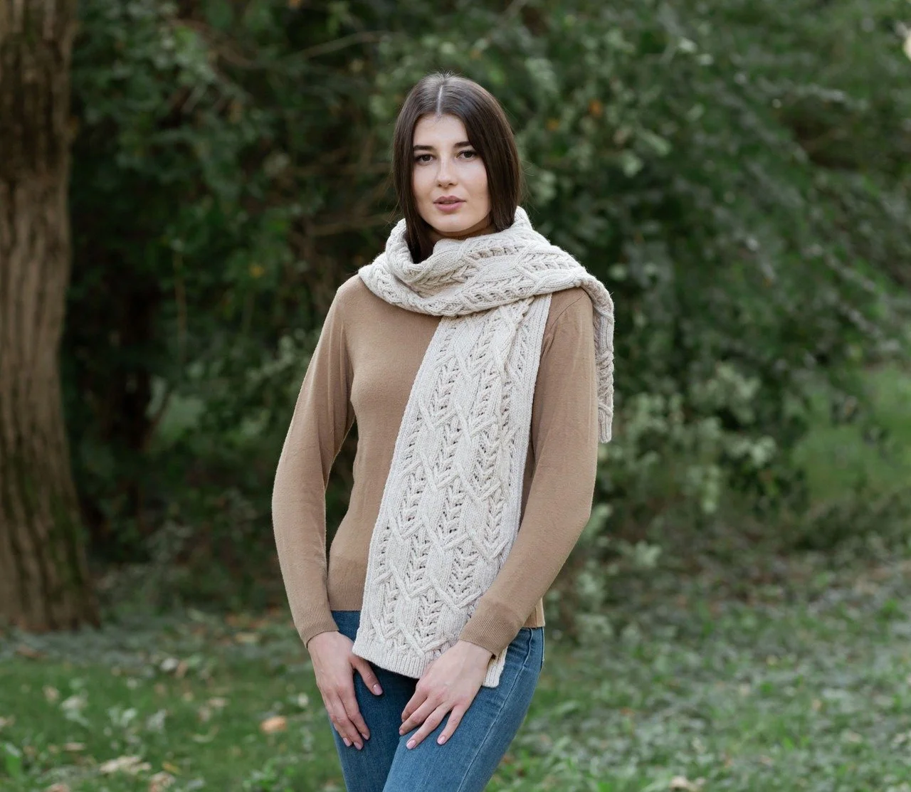 Aran Leaf Scarf- Front -Parsnip-ML168.jpg