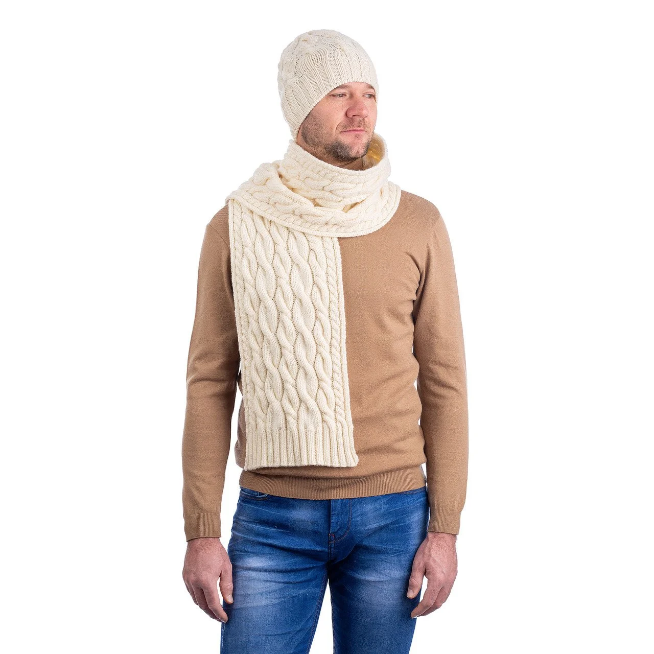 Wool Cable Knit Scarf -Front - Natural -MM257-100.jpg