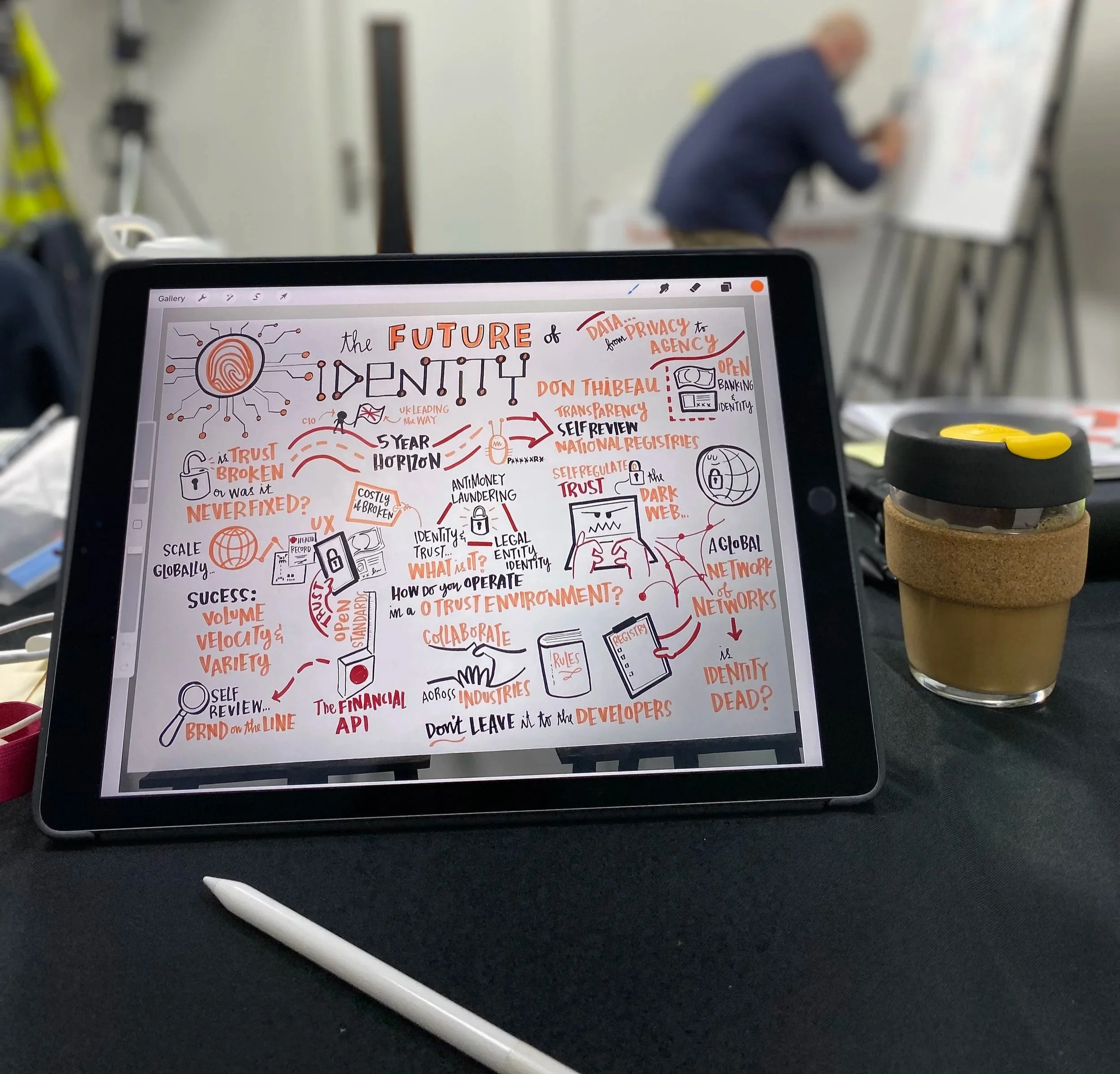 Digital tablet displaying a hand-drawn infographic about the future of identity, featuring elements like a fingerprint, globe, and security locks, with annotations about trust, privacy, and networks, placed on a table next to a white stylus pen and a