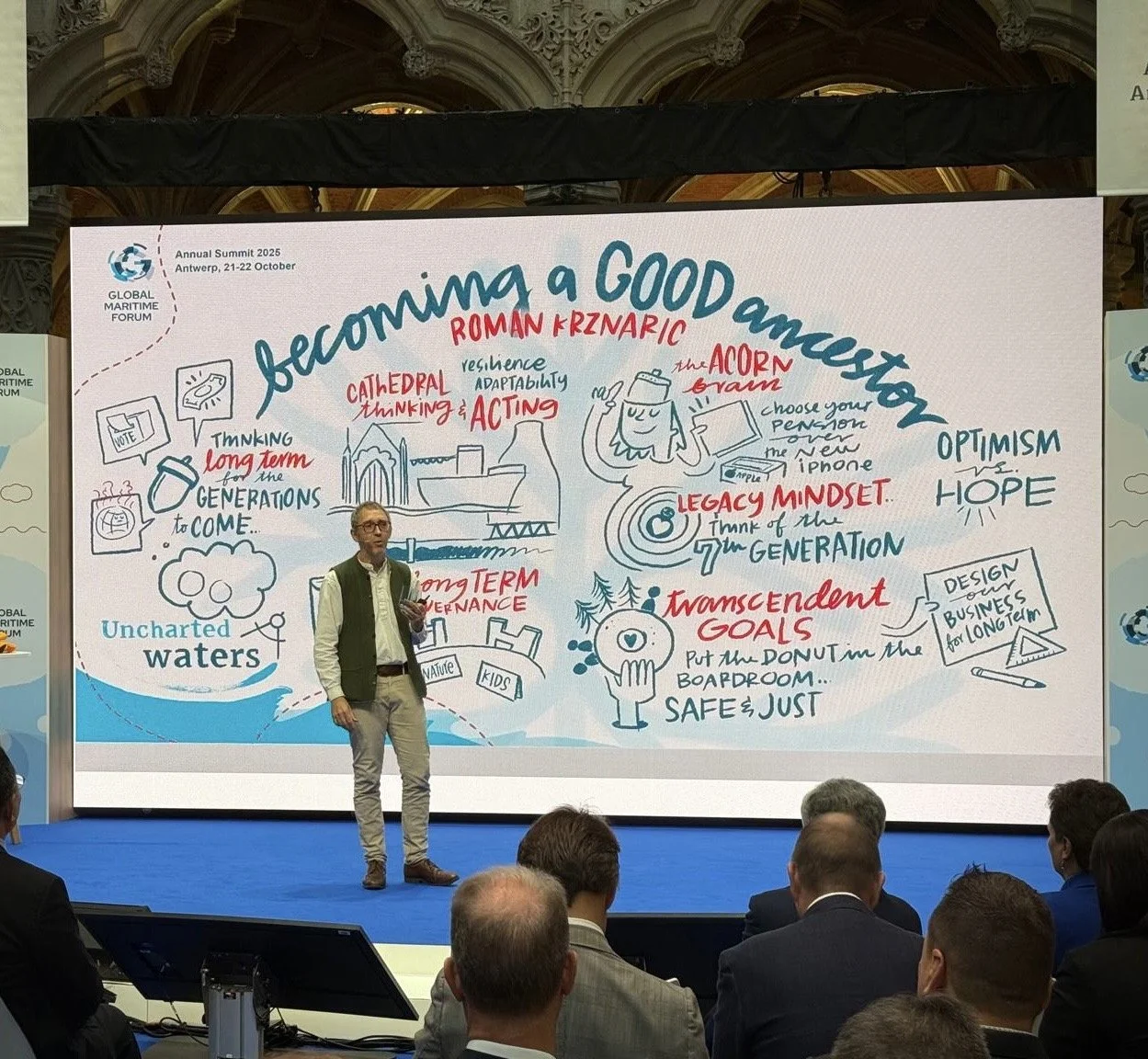  Roman Krznarik giving a presentation at the Global Maritime Forum Annual Summit 2025 in Antwerp, titled 'Becoming a Good Ancestor'. Scribing. Live illustration. Graphic facilitation. Sketchnotes
