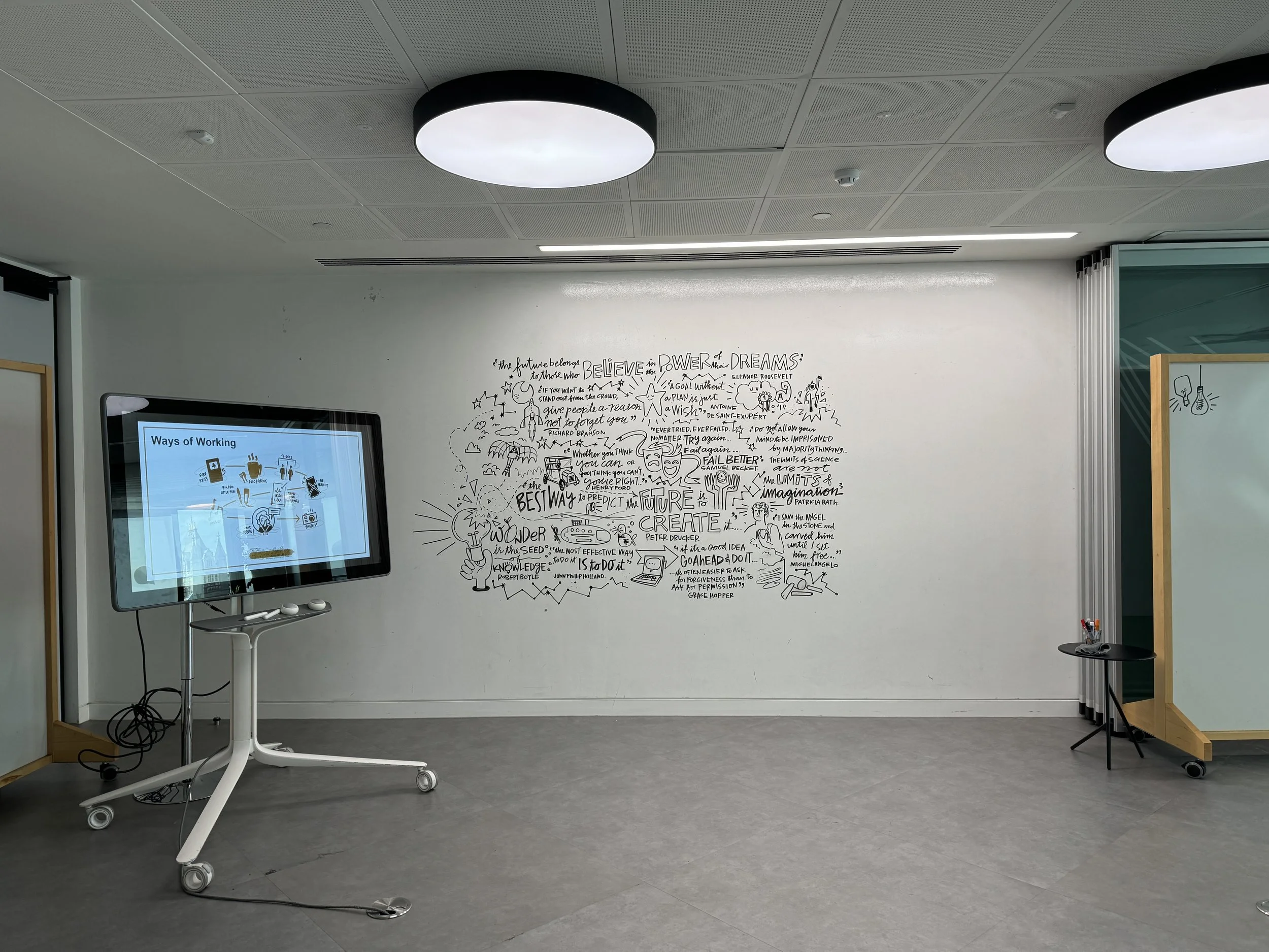 Modern office space with a large wall decoration featuring motivational quotes and illustrations, a monitor on a rolling stand displaying 'Ways of Working,' and a small black table with pens on the right.