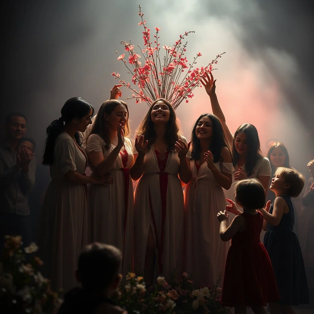 Group of women in white dresses with flower decorations, surrounded by people, children in foreground, soft lighting.