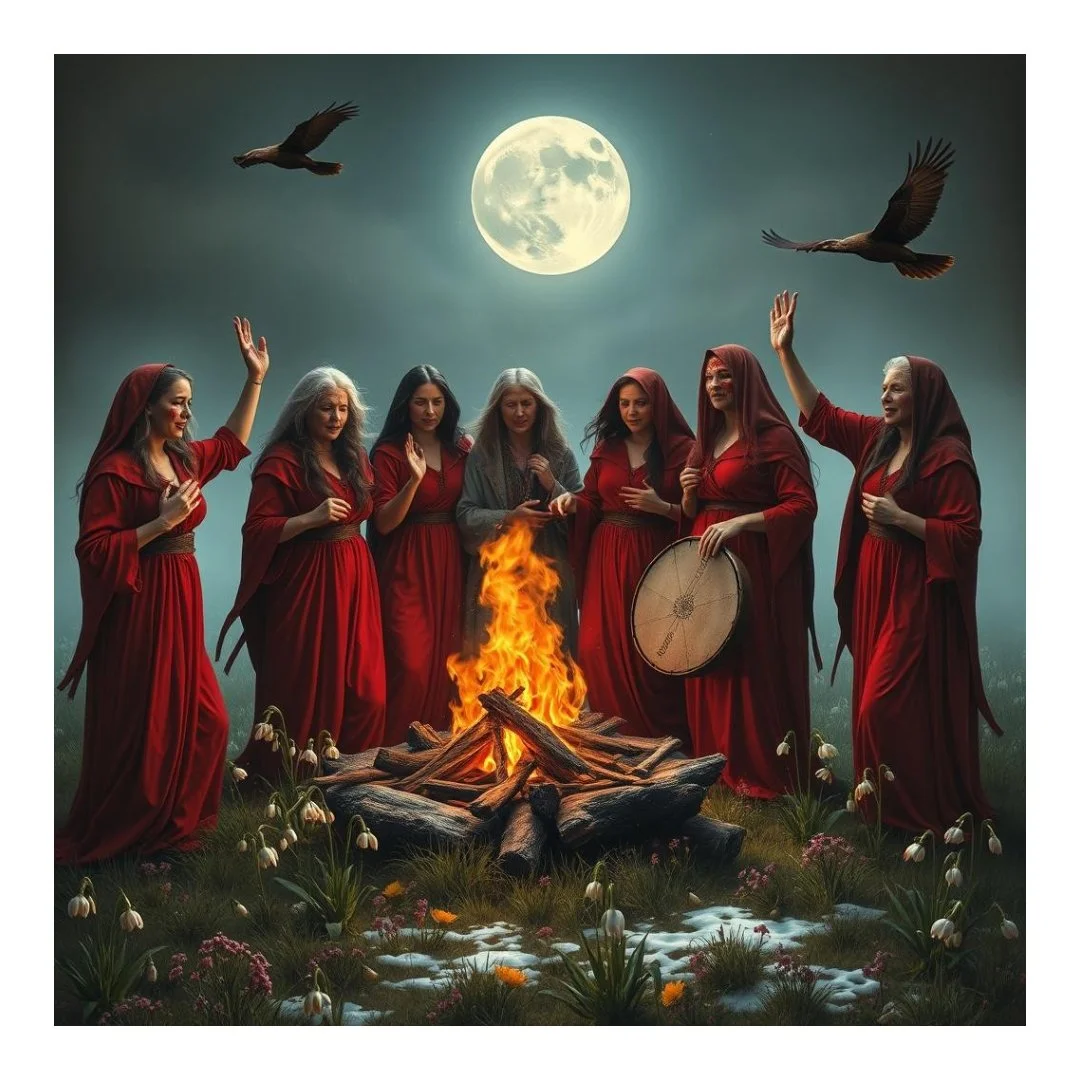 Group of women in red robes around a campfire under a full moon, with birds flying overhead in a meadow with flowers and snow patches.