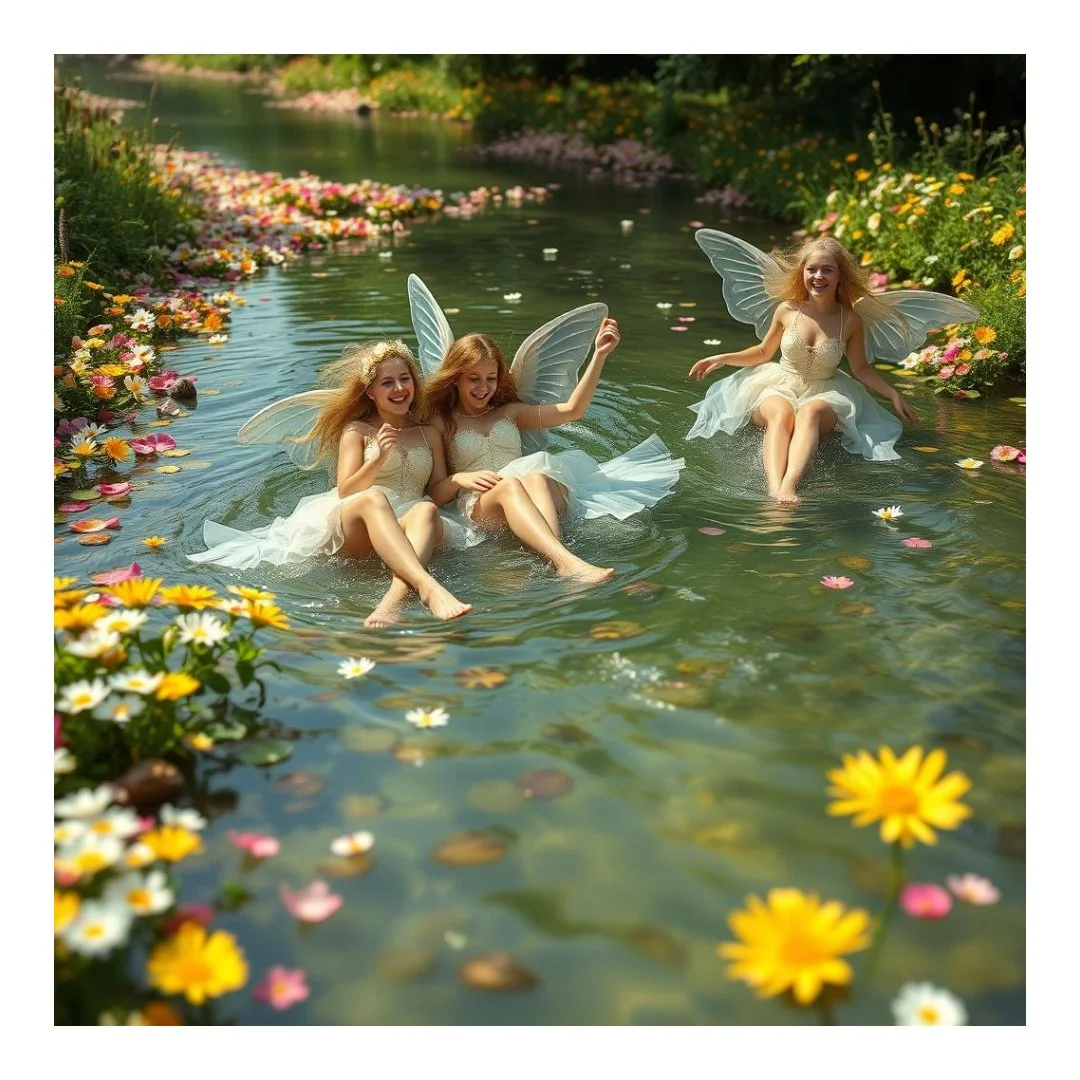 Three women with fairy wings sitting in a flower-filled stream, wearing white dresses, surrounded by colorful flowers and greenery.