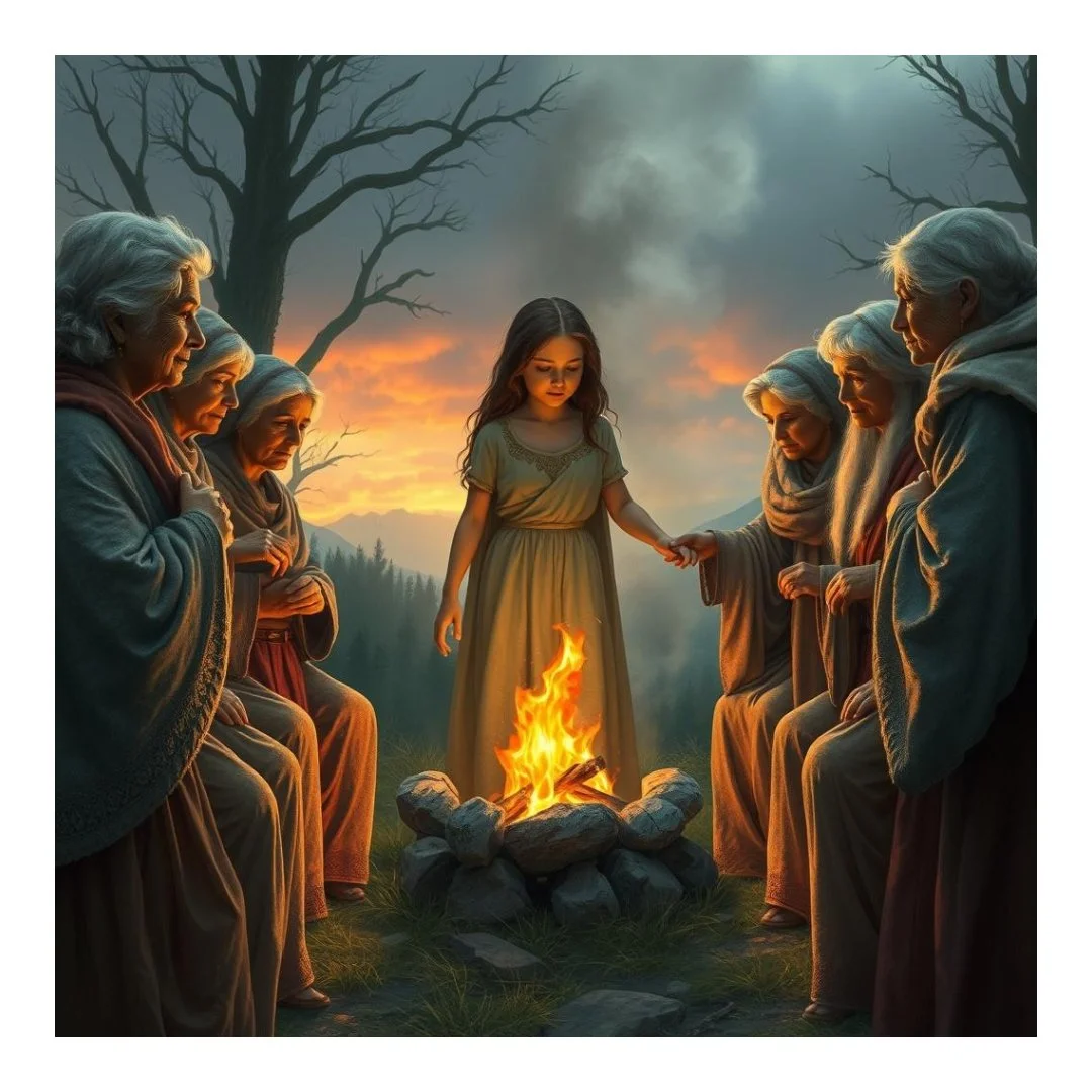 A girl stands by a campfire surrounded by elderly women in robes at dusk, with barren trees and a sunset in the background.