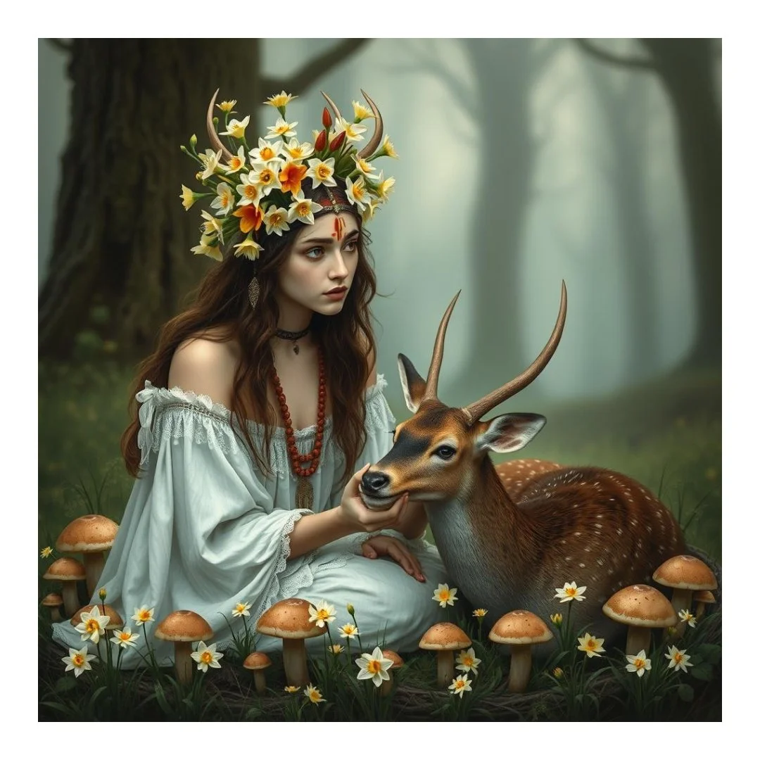 A woman wearing a white dress and a floral headdress sits in a forest beside a deer. The forest floor is adorned with flowers and mushrooms.