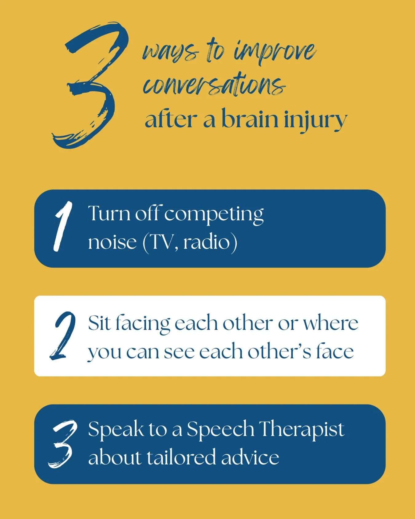 These first two simple adjustments can be ground-breaking for conversations after brain injury (#stroke #TBI #braintumour) 

Speech Therapists can give tailored advice to improve conversations and work on specific goals as part of #rehabilitation (#S