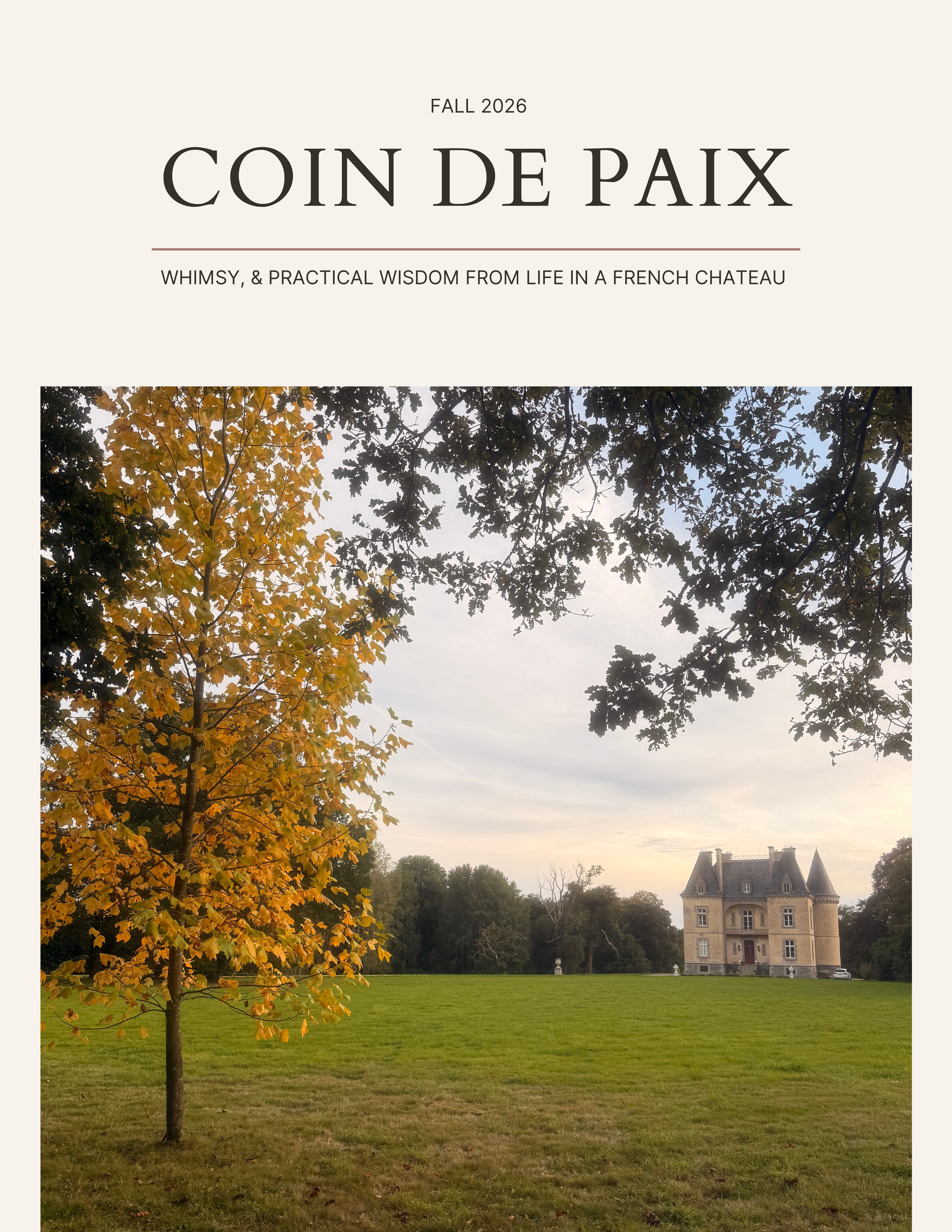 image of a magazine cover Titled Coin de Paix, Whimsy, & Practical Wisdom from Life in a French Chateau