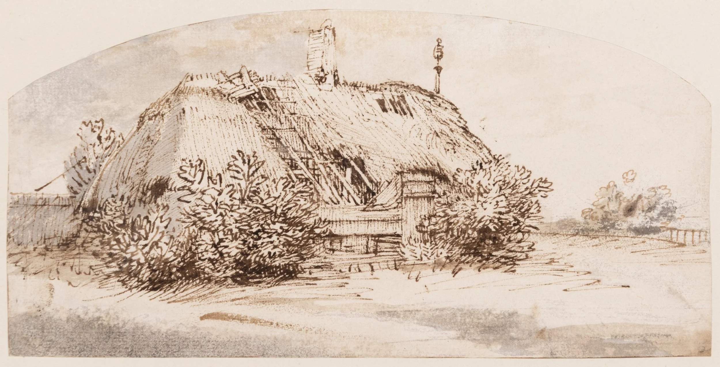 REMBRANDT HARMENSZ VAN RIJN
(Leiden 1606–1669 Amsterdam) 
 Landscape with a Ruined Thatched Cottage , c. 1648–1650 
pen and brown ink and brown wash, with grey wash in the foreground added by a later hand 
102 x 207 mm (4 x 8 1/8 in.) 
framed: 335 x 