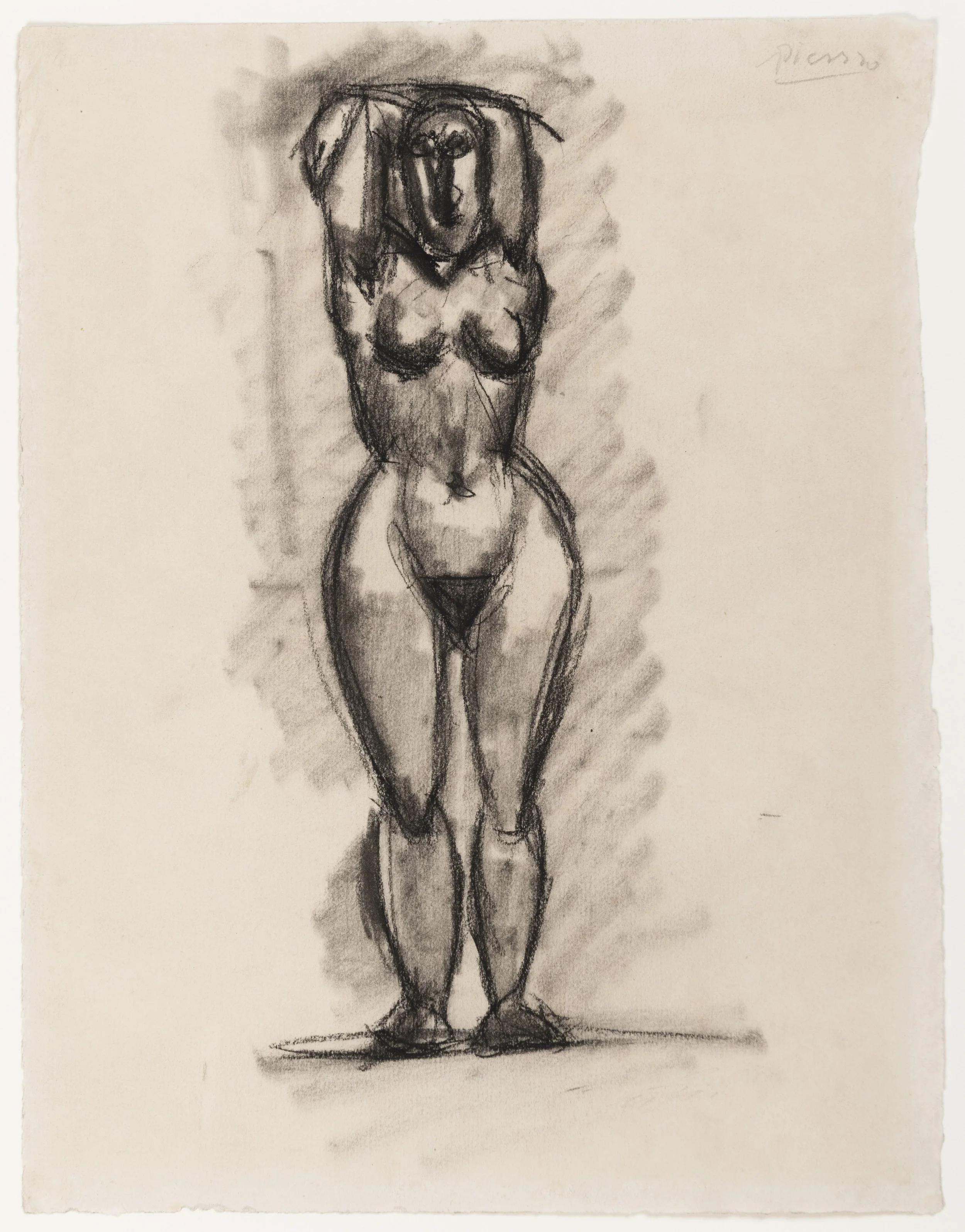 PABLO PICASSO (Málaga 1881–1973 Mougins) 
 Study for Les Demoiselles d’Avignon: A Nude Woman Standing with Arms Raised Above her Head,  , c. 1906–1907  
charcoal 
319 x 246 mm (12 1/2 x 9 3/4 in.) 
framed: 655 x 580 mm (25 3/4 x 22 7/8 in.)