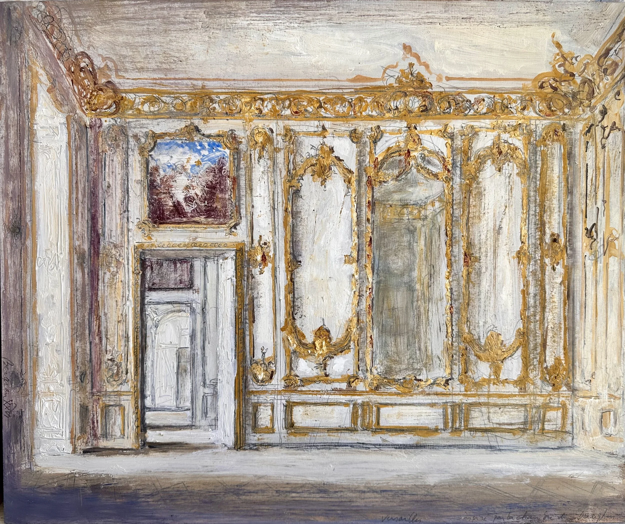 PIERRE BERGIAN (1965 Bruges–present)  	 Chambre du Dauphin, Versailles , 2026 
oil on panel 
39 x 46.5 cm