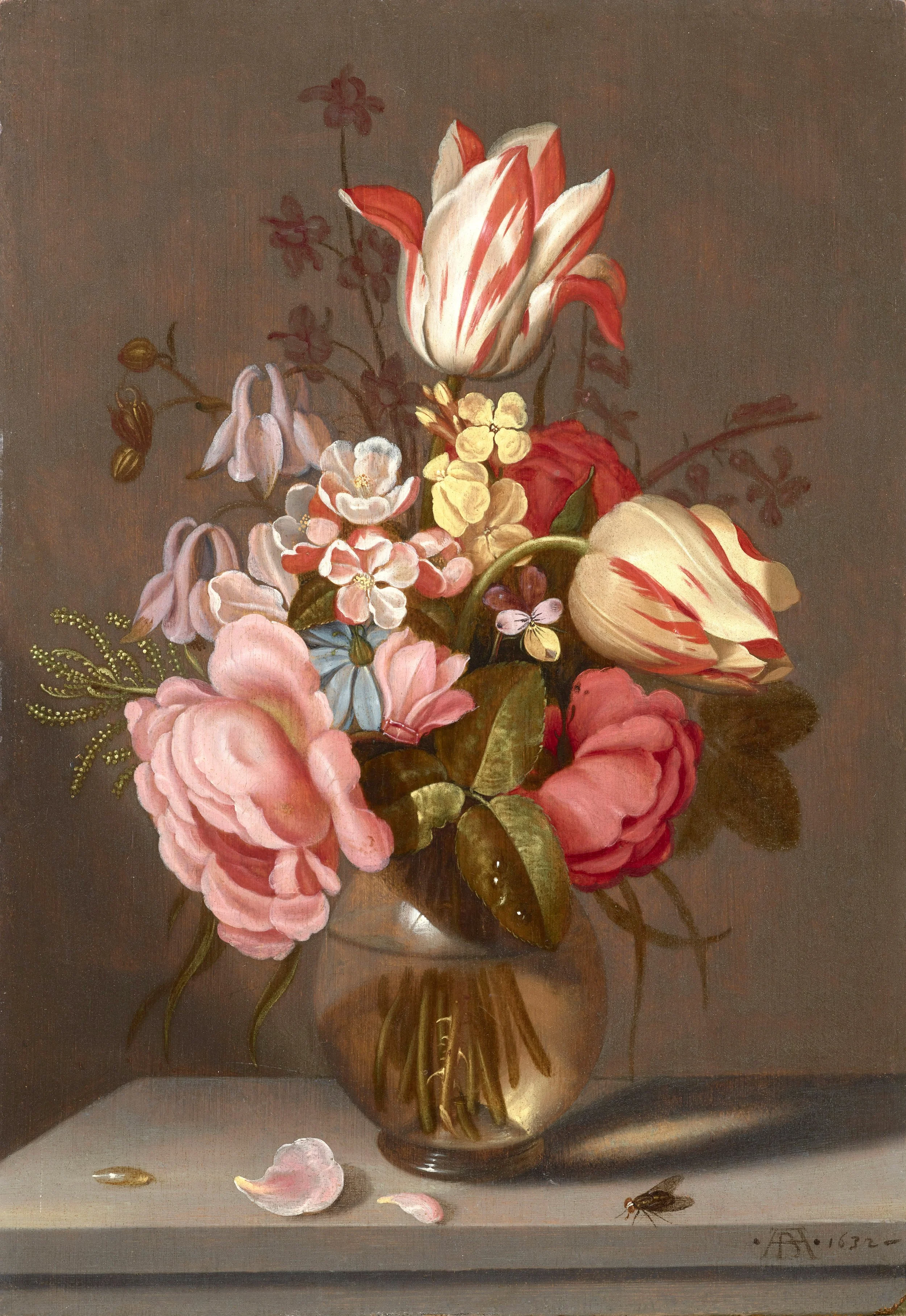 AMBROSIUS BOSSCHAERT the Younger (1609 Arnemuiden–1645 Utrecht)  
 A Bouquet of Flowers in a Glass Vase, Standing on a Ledge , 1632 
oil on panel 
28 x 19 cm (framed: 44 x 35 cm) 
 
MORE INFORMATION
 