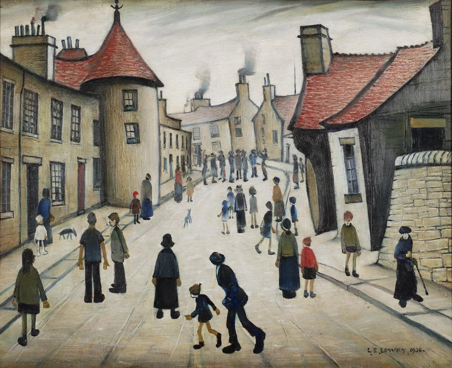 LAURENCE STEPHEN LOWRY, R.A.  (1887 Stretford–1976 Glossop) 
 Street musicians , 1938 
oil on canvas
43.5 x 53.5 cm (17 x 21 in.) 
framed: 66.2 x 76.5 x 8.7 cm (26 x 30⅛ x 3⅜ in.)
