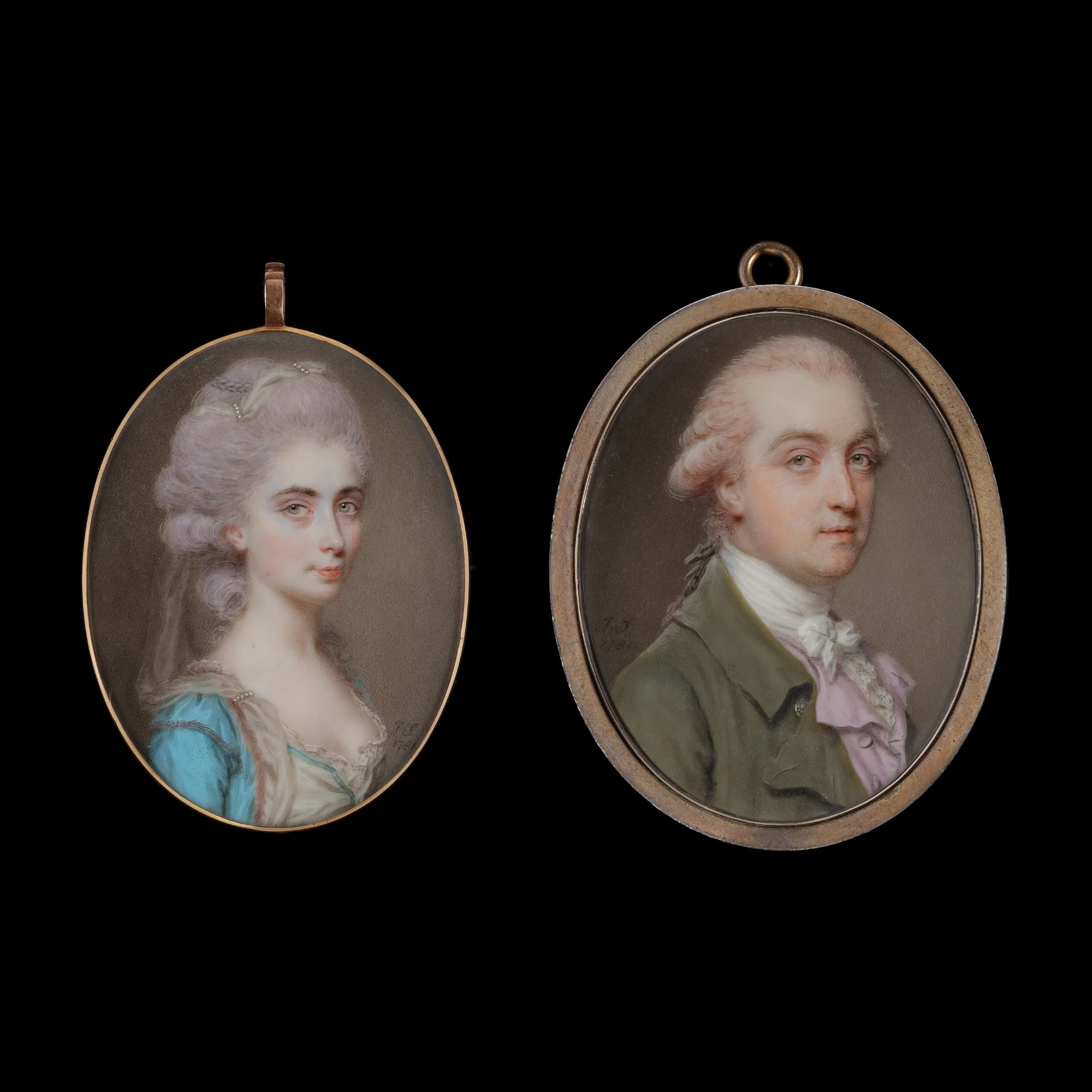 JOHN SMART (1741–1811) 
 Portrait miniatures of The Hon Mrs William Irby  (née Mary Blackman; circa 1744–1792) and The Hon William Irby (1750–1830),  1781 
watercolour on ivory 
Hers, oval, h: 47 mm (1⅞ in.); His, oval, h: 50 mm (2 in.)