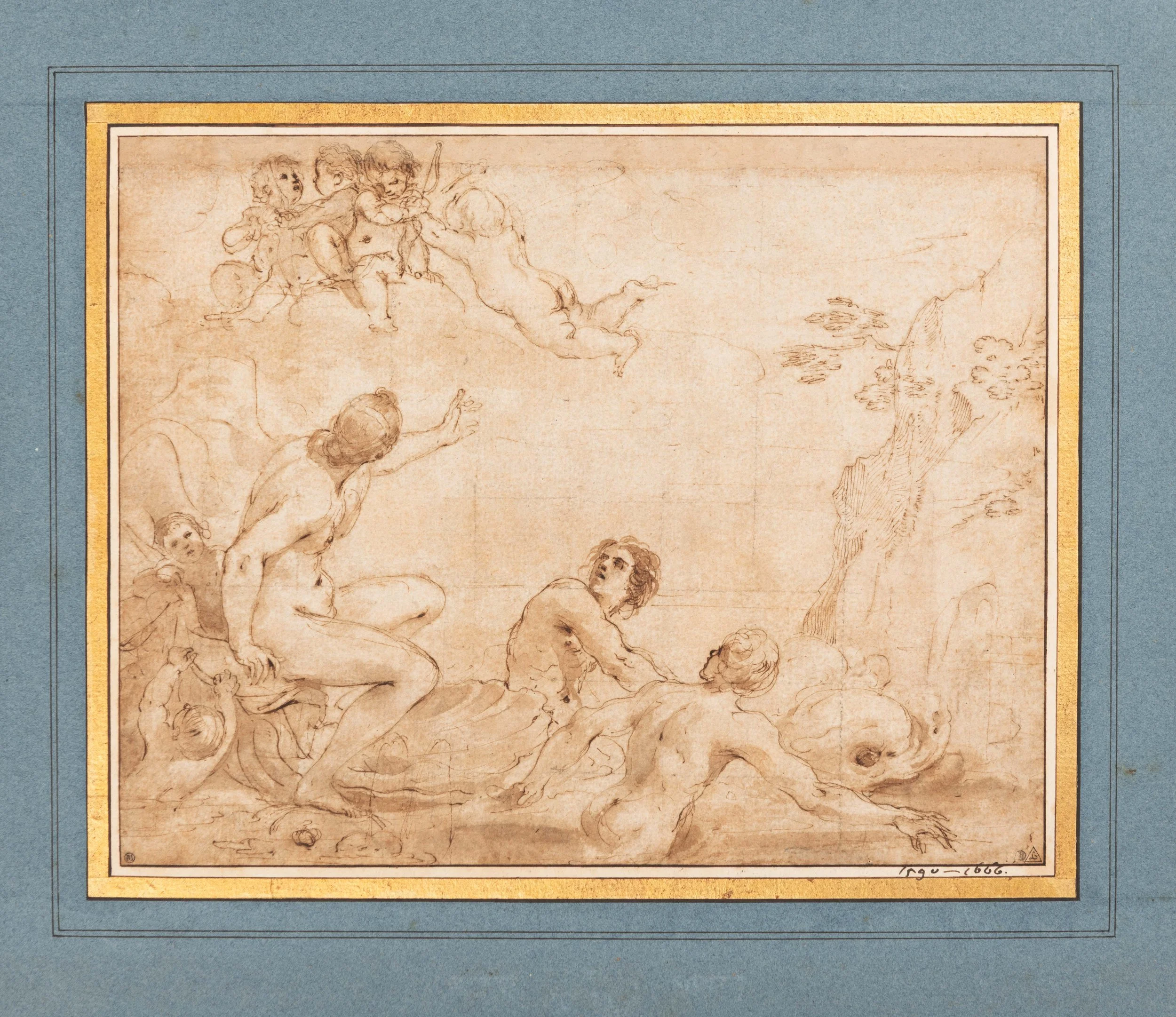 GIOVANNI FRANCESCO BARBIERI, called Guercino (1591 Cento–1666 Bologna) 
 GIOVANNI FRANCESCO BARBIERI, called Guercino (Cento 1591–1666 Bologna) 
 The Triumph of Galatea , c. 1615–1621 
pen and brown ink and brown wash, squared in black chalk, with fr