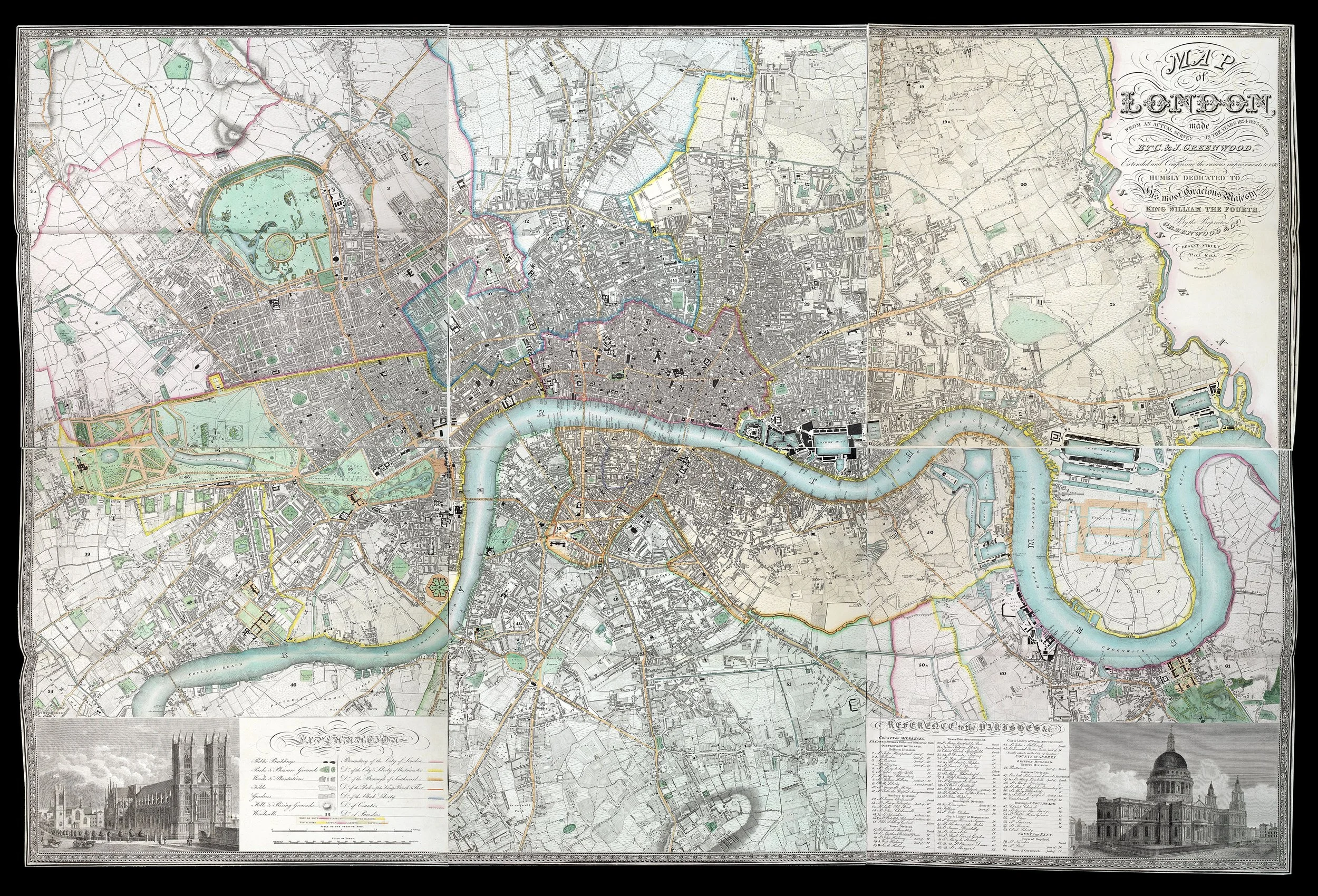 CHRISTOPHER GREENWOOD (1786–1855 )  and JOHN GREENWOOD (1791–1867) 
 Greenwood’s Six-Sheet Map of London in Full Original Colour  
 Map of London from actual survey... , 1830  
engraved map with contemporary hand colour 
1418 x 1882 mm (framed: 1510 