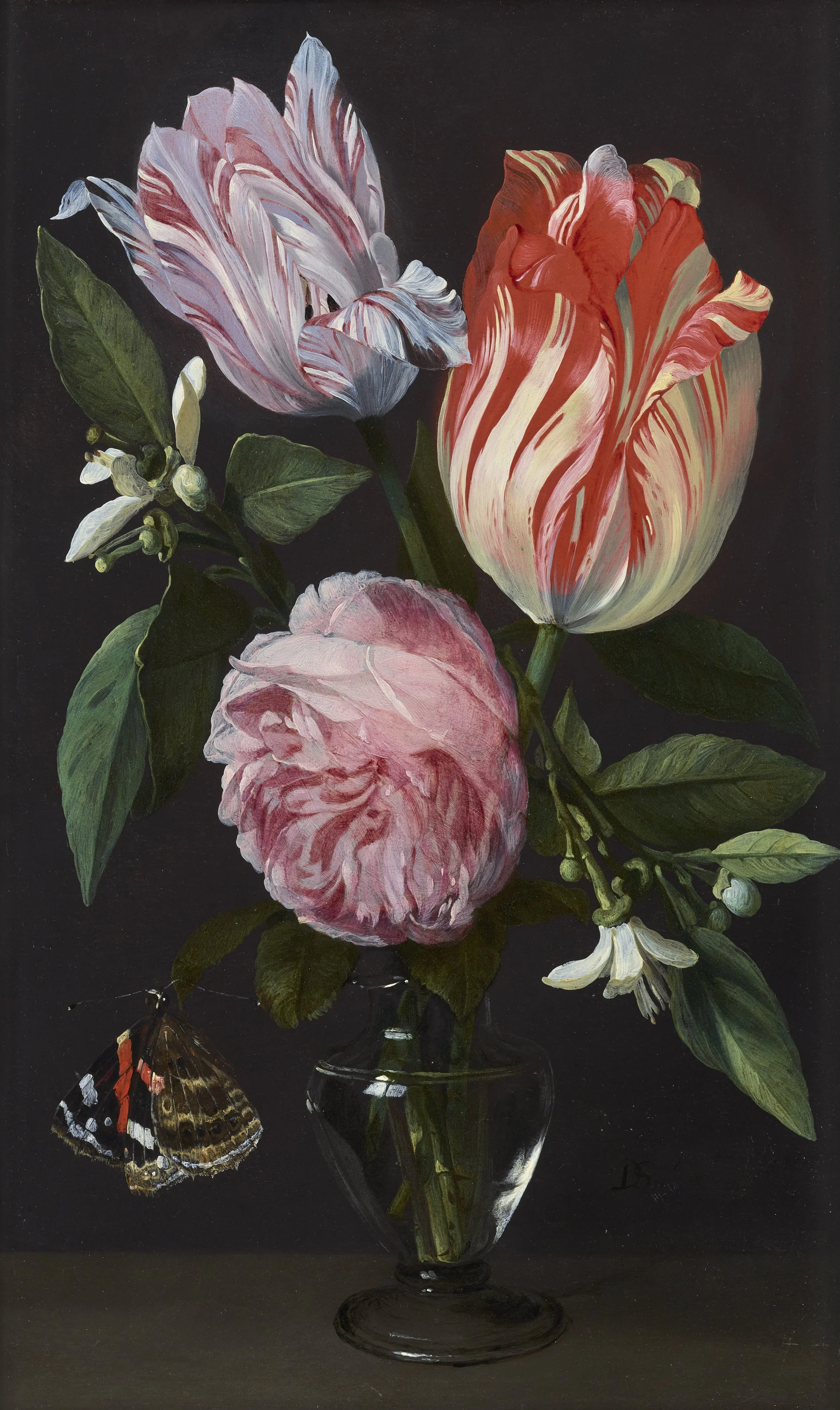 DANIEL SEGHERS (1590 Antwerp–1661 Antwerp) 
 A Still Life of a Rose, Tulips and Orange Blossom, in a Glass Vase , c. 1640 
oil on panel 
31.4 x 19 cm (framed: 45.7 x 33 cm) 
 
MORE INFORMATION
 