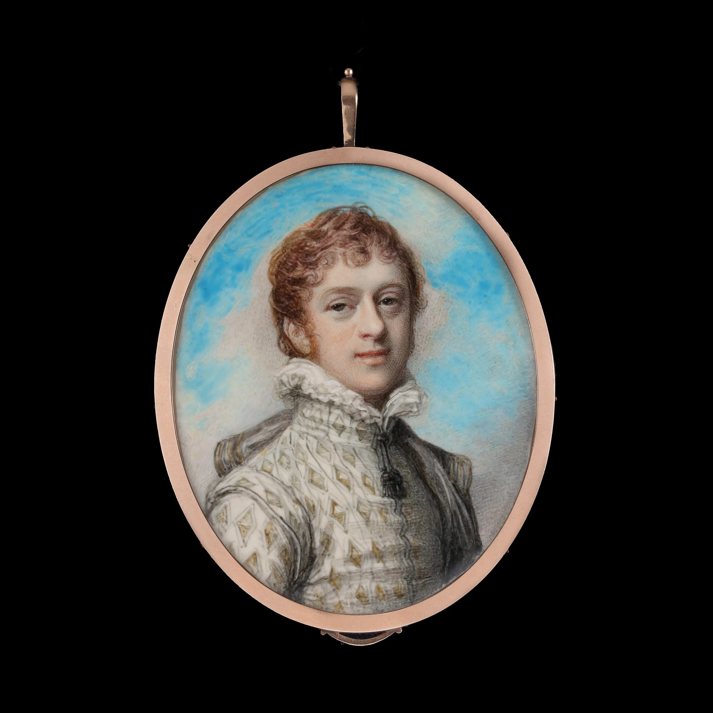 RICHARD COSWAY, R.A. (1742–1821) 
 Portrait miniature probably depicting John Bellenden Gawler (1764–1842), later John Bellenden-Ker, wearing an Elizabeth style doublet and ruff collar, with a cloak over his left shoulder , 1796 
watercolour on ivory