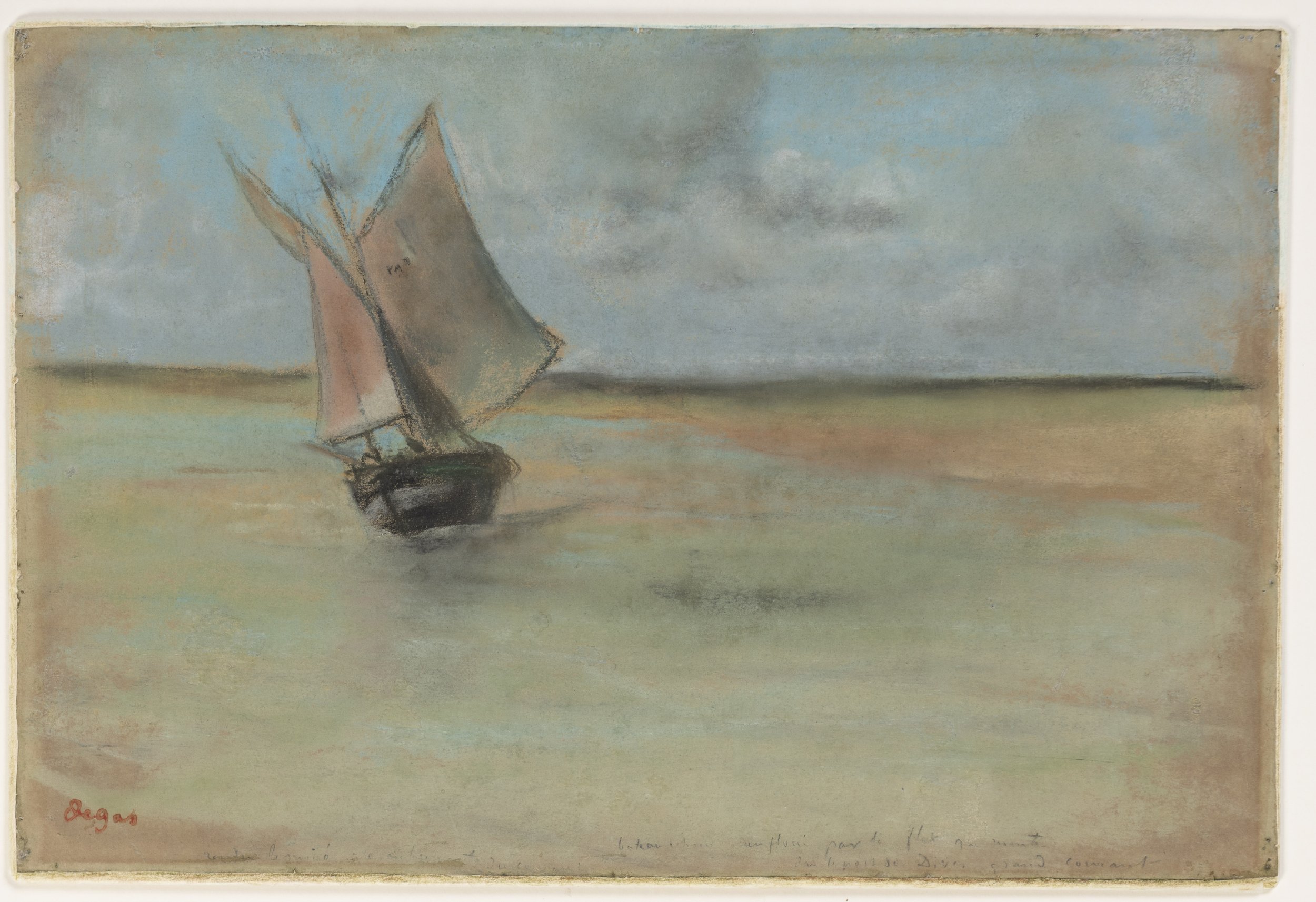 EDGAR DEGAS (Paris 1834–1917 Paris) 
 Fishing Boat at the Entrance to the Port of 
Dives-sur-mer , 1869 
pastel on brown paper 
214 x 322 mm (8 3/8 x 12 5/8 in.) 
framed: 540 x 620 mm (21 1/4 x 24 1/2 in.)