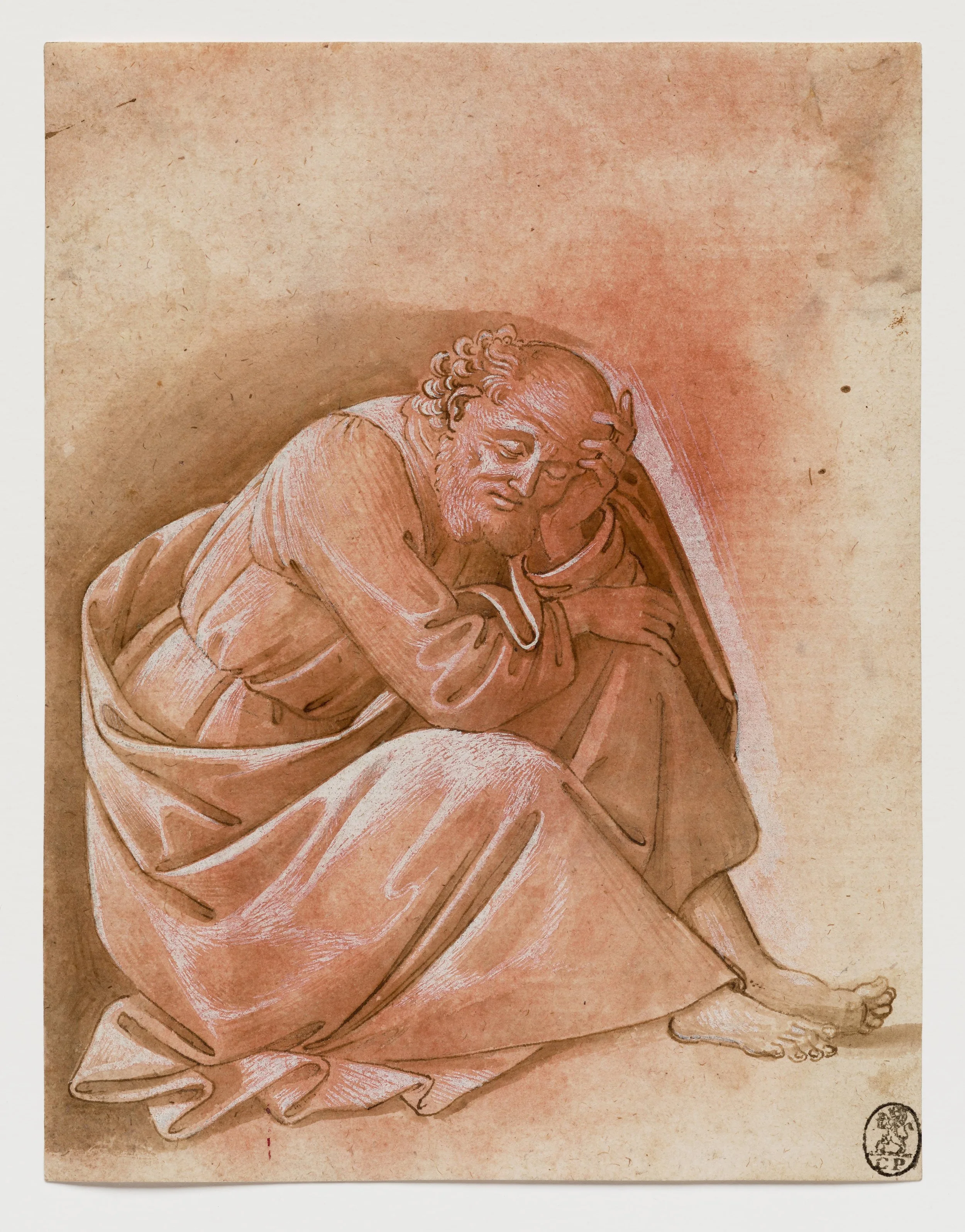Workshop of Sandro Botticelli
(Florence c. 1445–1510 Florence)  
 Saint Peter Asleep  c. 1480 
pen and brown ink and brown wash, over traces of an underdrawing in black chalk, heightened with white, on paper washed a reddish-pink   
197 x 149 mm (7 3