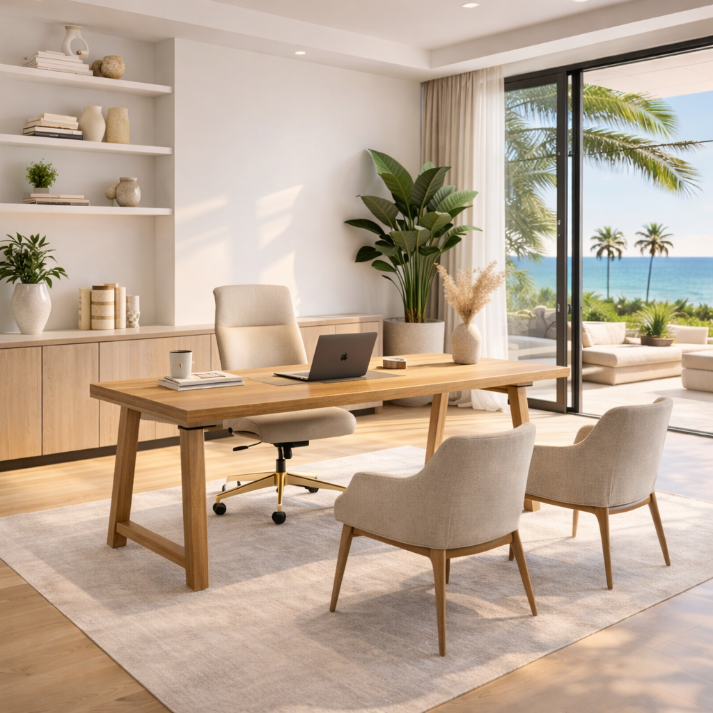 Modern home office with large window view of palm trees and ocean, wooden desk, beige chairs, potted plants, and decorative vases.