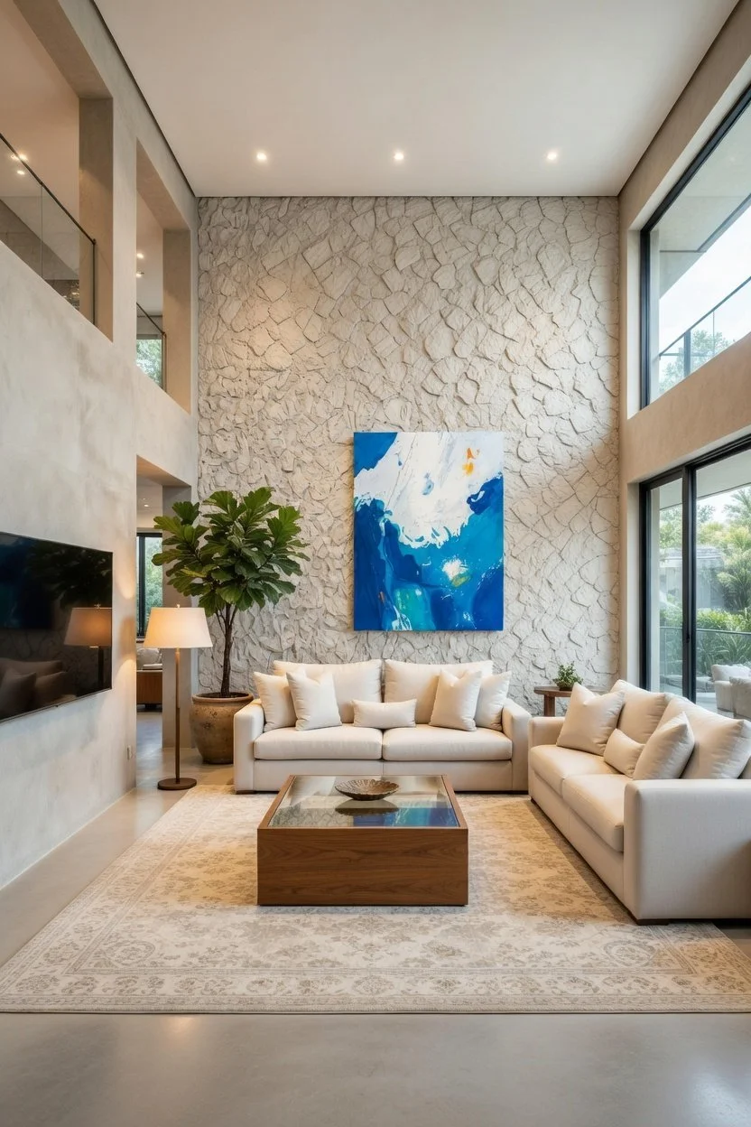 Modern living room with white sofas, a glass coffee table, a large potted plant, textured stone wall, abstract blue and white artwork, and large windows.