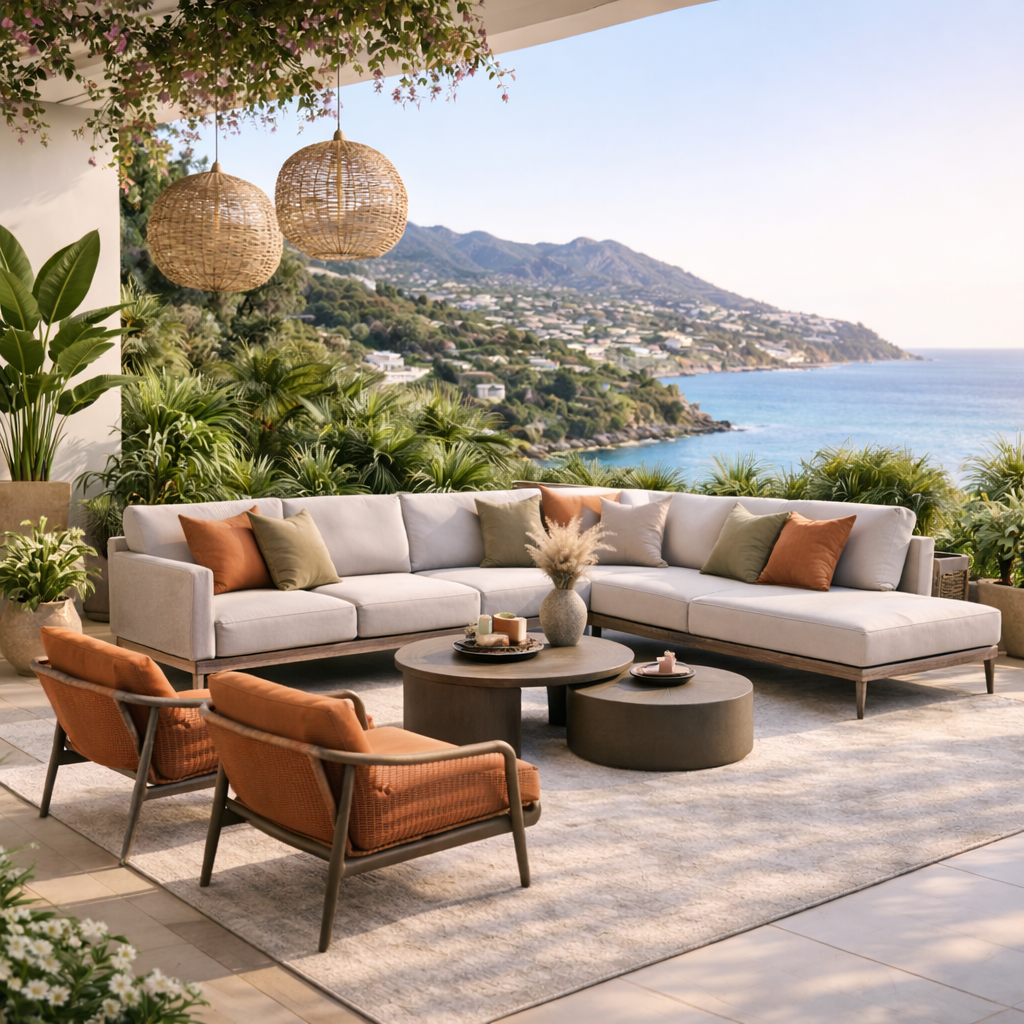 Outdoor patio with a large white sectional sofa, two rust-colored armchairs, and a round coffee table, overlooking a coastal view of hills, houses, and ocean with bright sunlight.