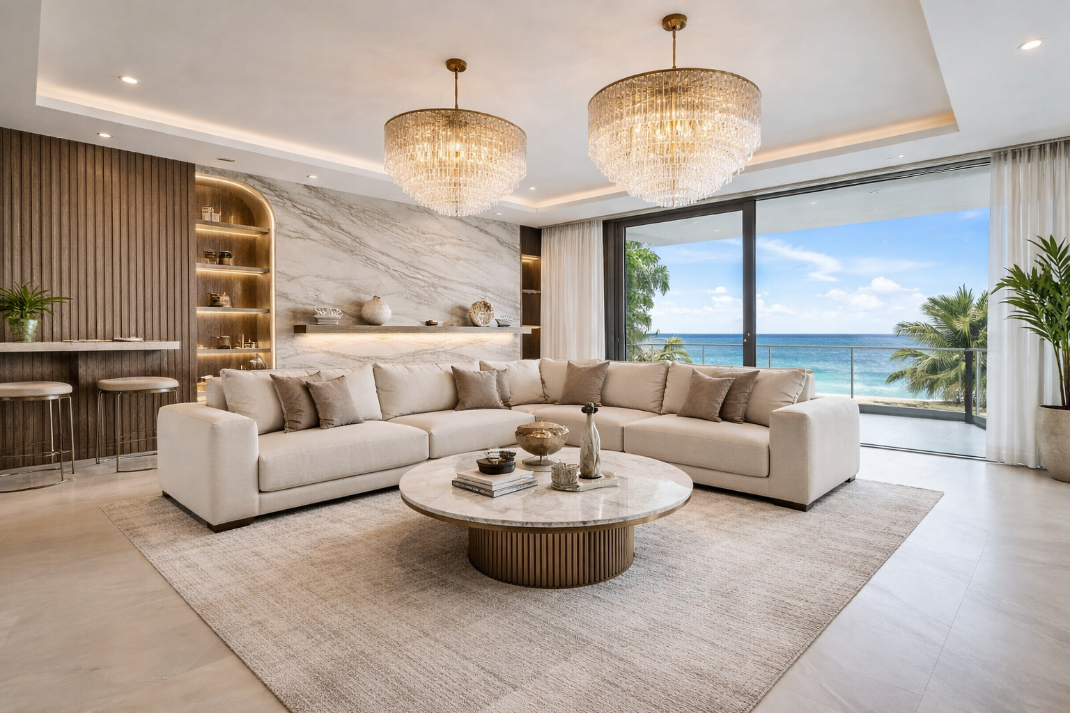 Bright living room with white sectional sofa, marble coffee table, large ocean view through sliding glass doors, and elegant chandeliers.