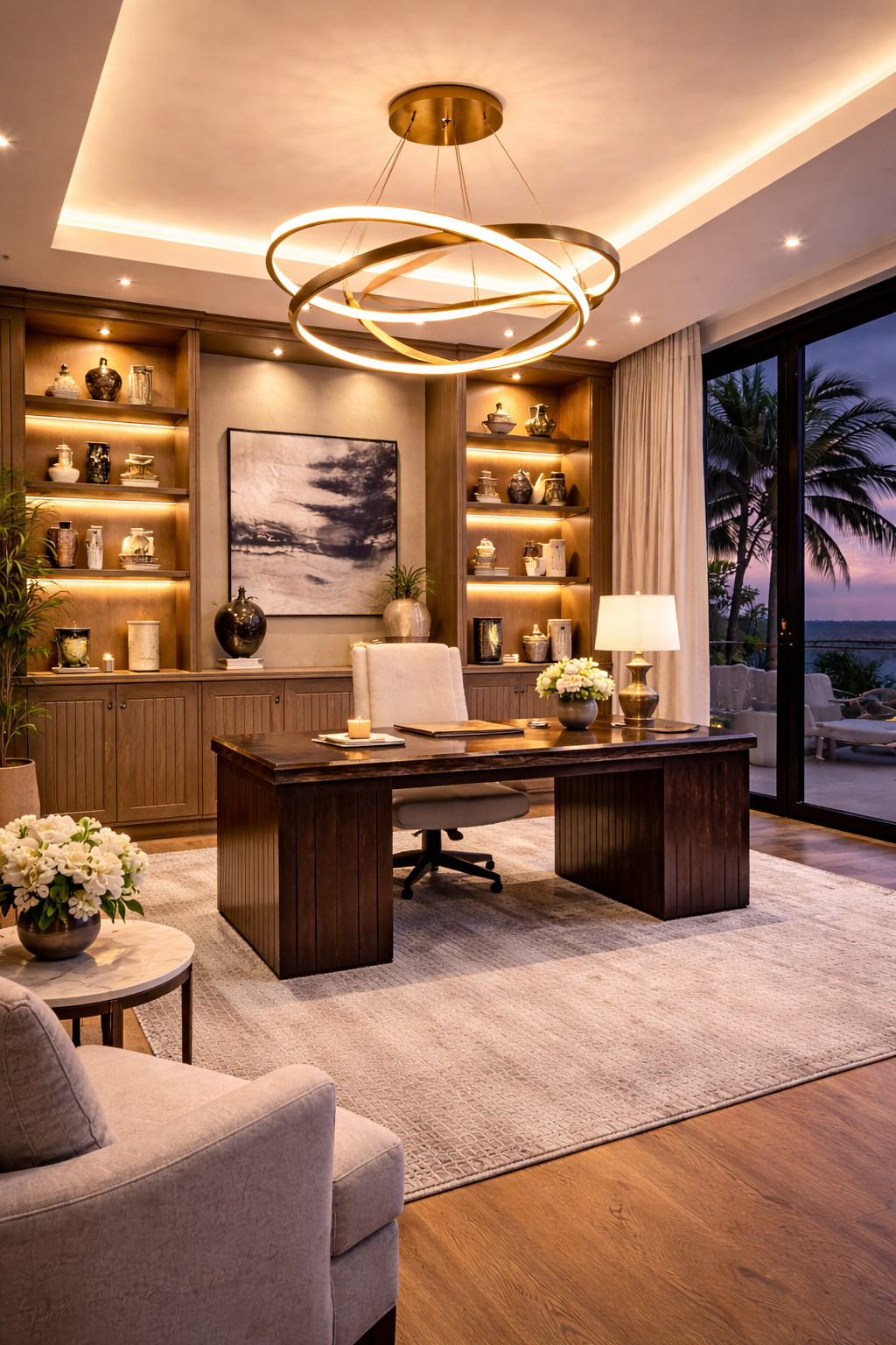 Elegant home office with wooden desk, cream chairs, built-in shelves with vases, candle, and artwork, large window showing outdoor seating and palm trees during sunset, modern chandelier, and soft lighting.