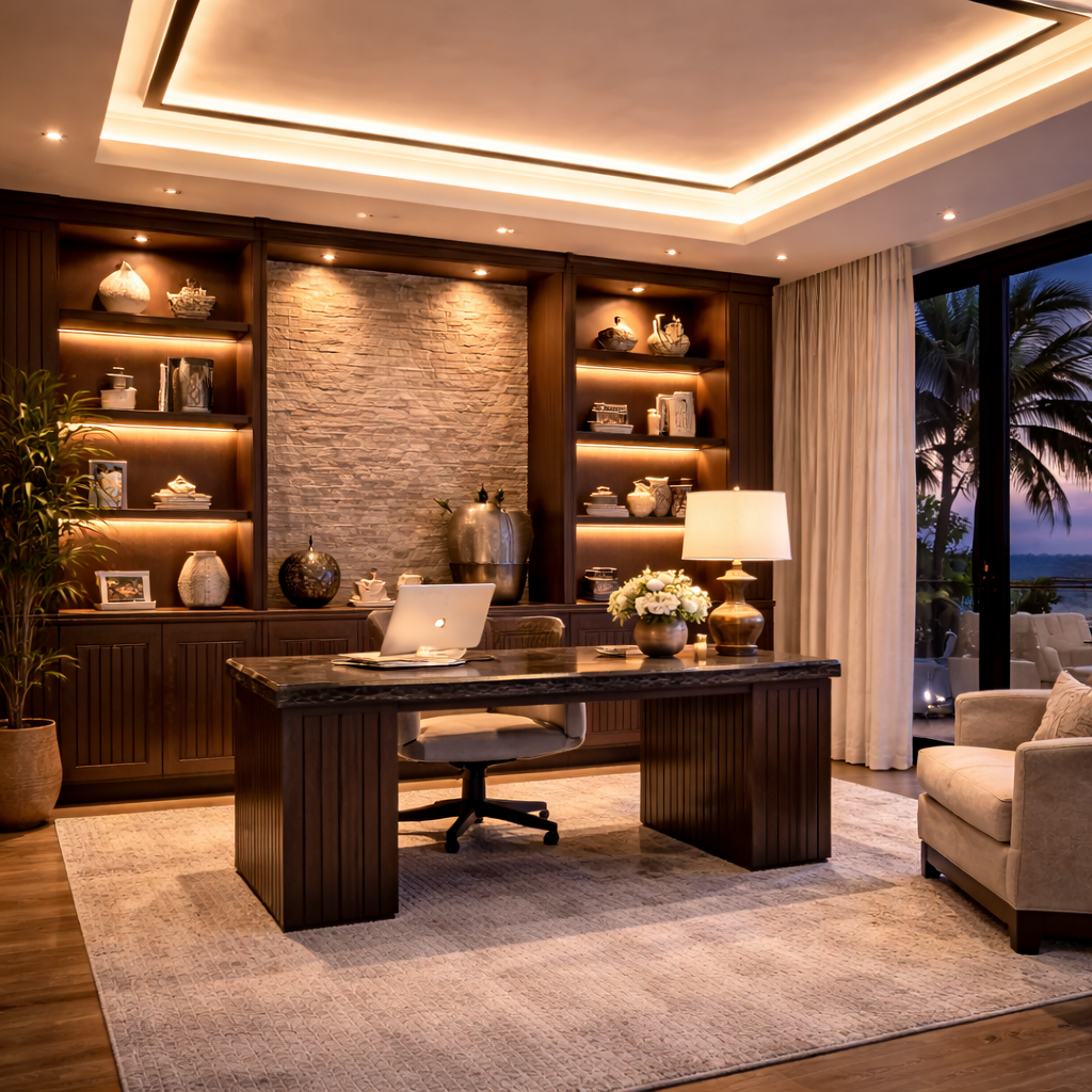 An elegant home office with a large wooden desk, a white laptop, flower arrangement, and table lamp. Behind the desk, there are built-in shelves with decorative items and a stone accent wall. To the right, a sliding glass door shows an outdoor view o