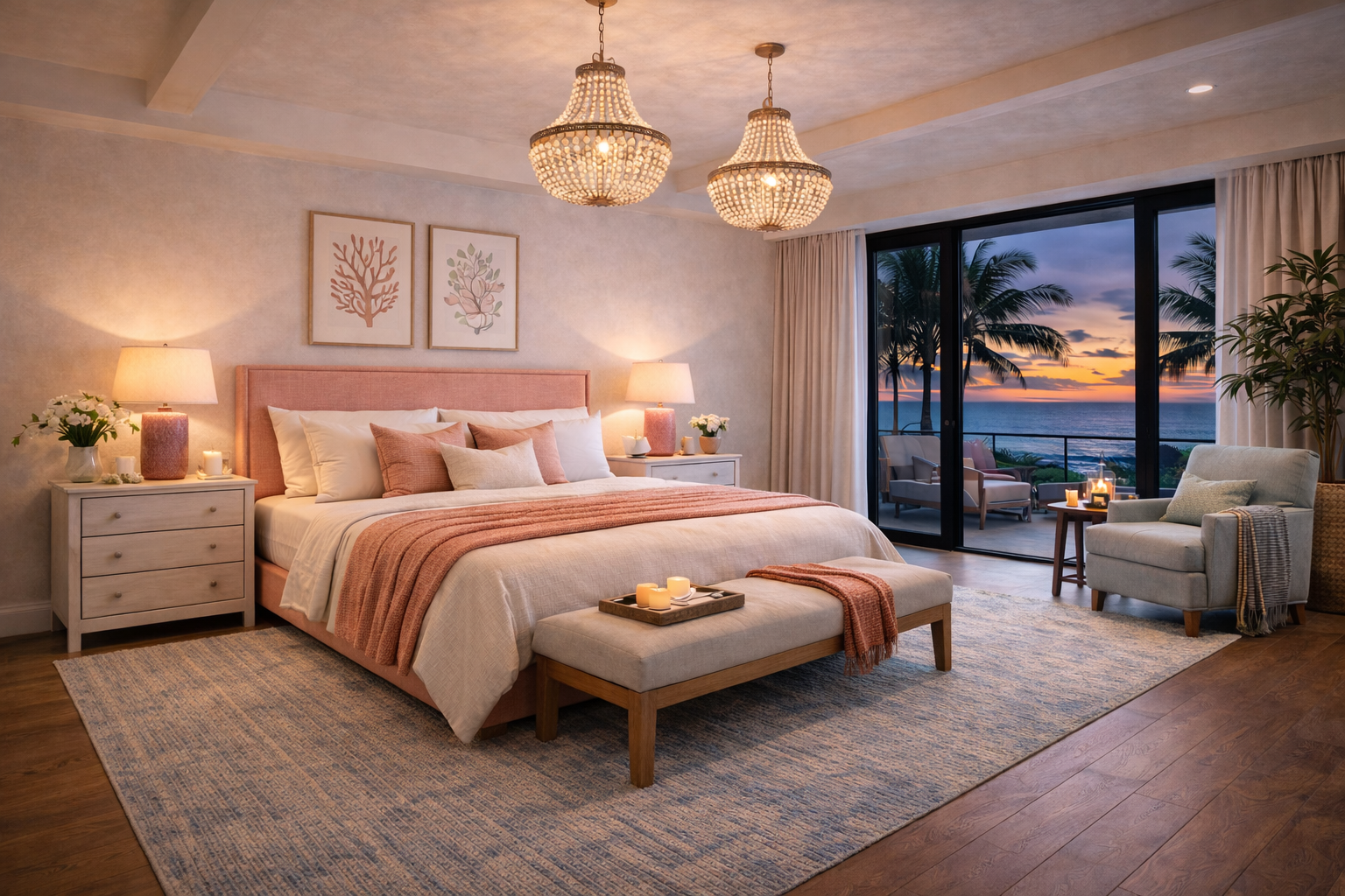 A bedroom with a large bed, pink headboard, white and pink pillows, and a beige bedspread. Two nightstands with lamps, candles, and flowers flank the bed. Two chandeliers hang from the ceiling. There is a sliding glass door leading to a balcony with 