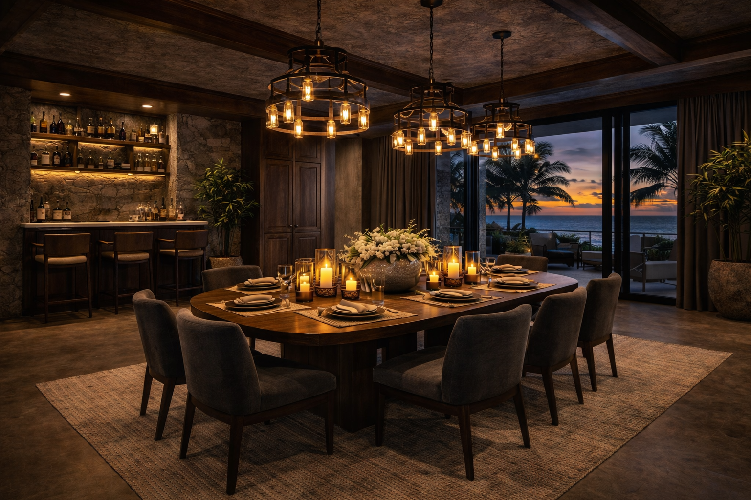 Elegant dining room with a large wooden table set for dinner, decorated with candles and a floral centerpiece, overlooking a sunset beach view through sliding glass doors
